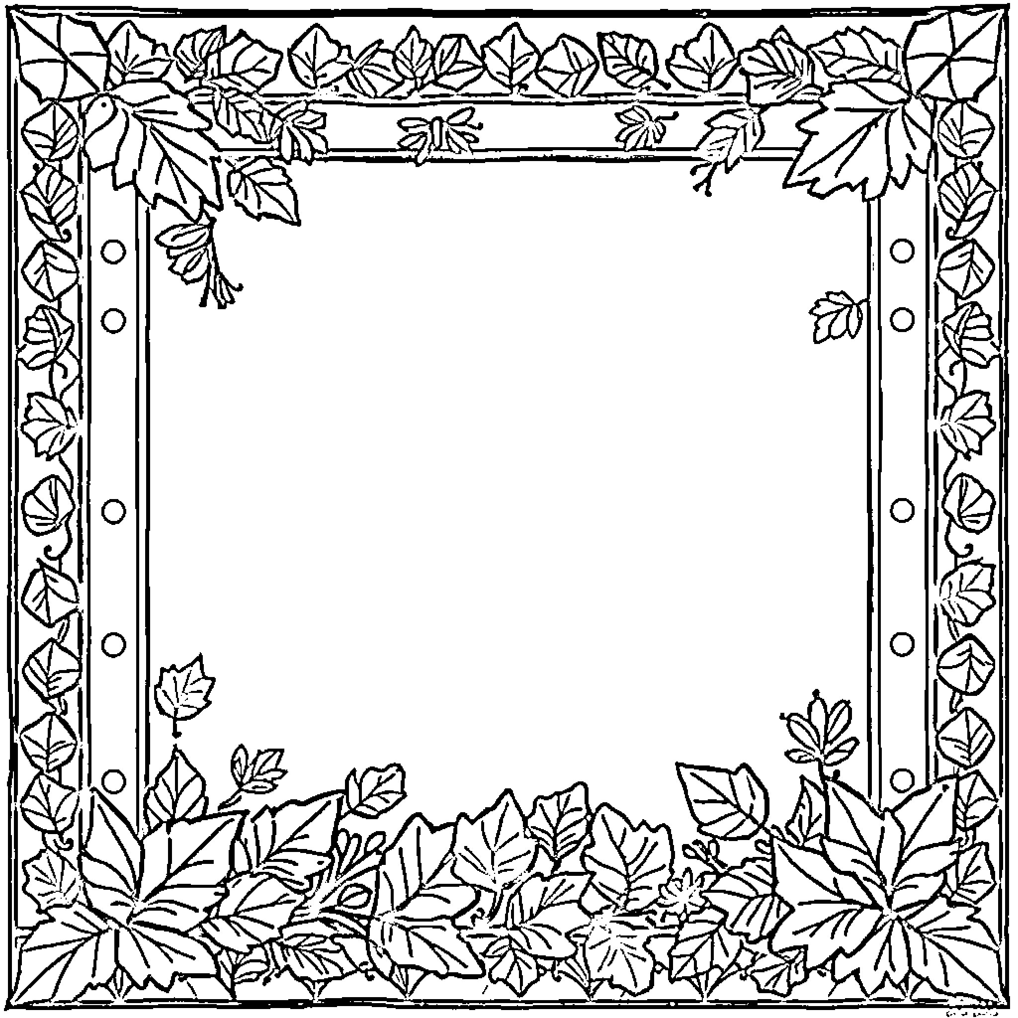 Quilt with Leaf Patterns and Perforated Borders Coloring Page (free black-and-white line drawing printable PDF for all, from beginners to advanced learners, including children, teens, adults, and seniors)