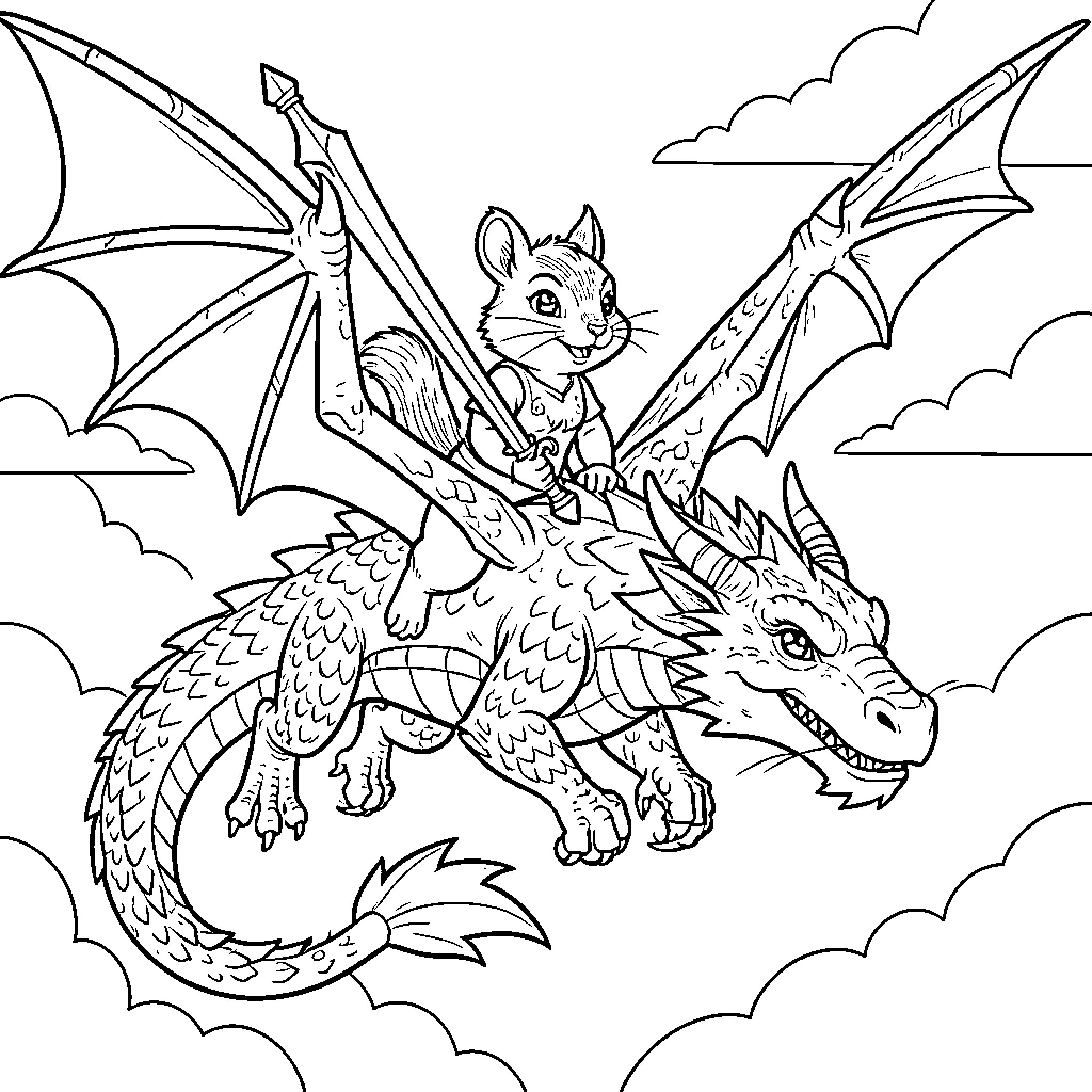 Squirrel riding a dragon through the clouds Coloring Page (free black-and-white line drawing printable PDF for all, from beginners to advanced learners, including children, teens, adults, and seniors)