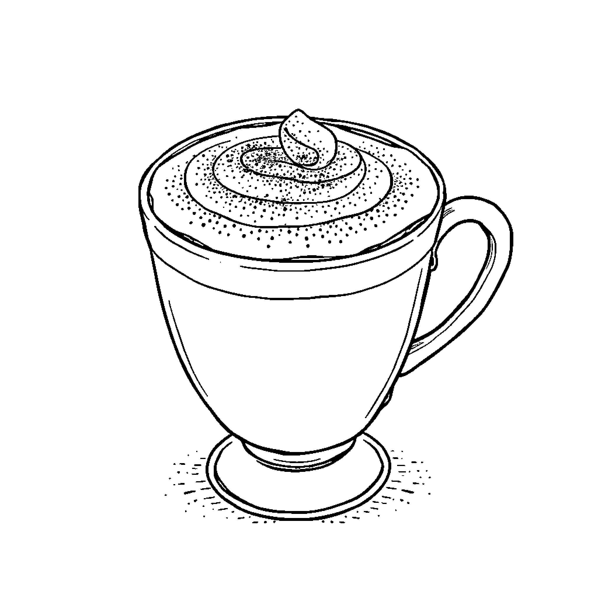 Cappuccino with Whipped Cream in a Mug Coloring Page (free black-and-white line drawing printable PDF for all, from beginners to advanced learners, including children, teens, adults, and seniors)