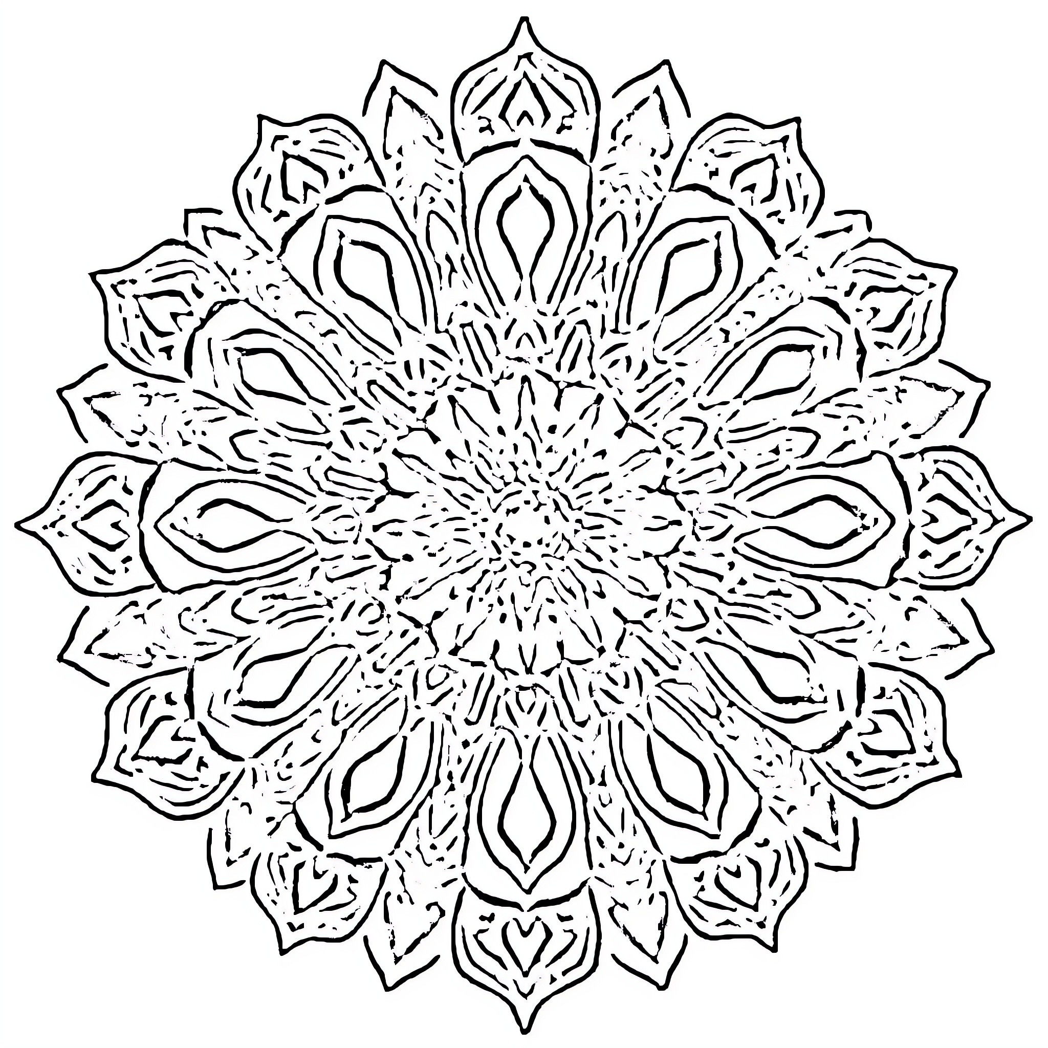 Mandala of intricate floral patterns Coloring Page (free black-and-white line drawing printable PDF for all, from beginners to advanced learners, including children, teens, adults, and seniors)