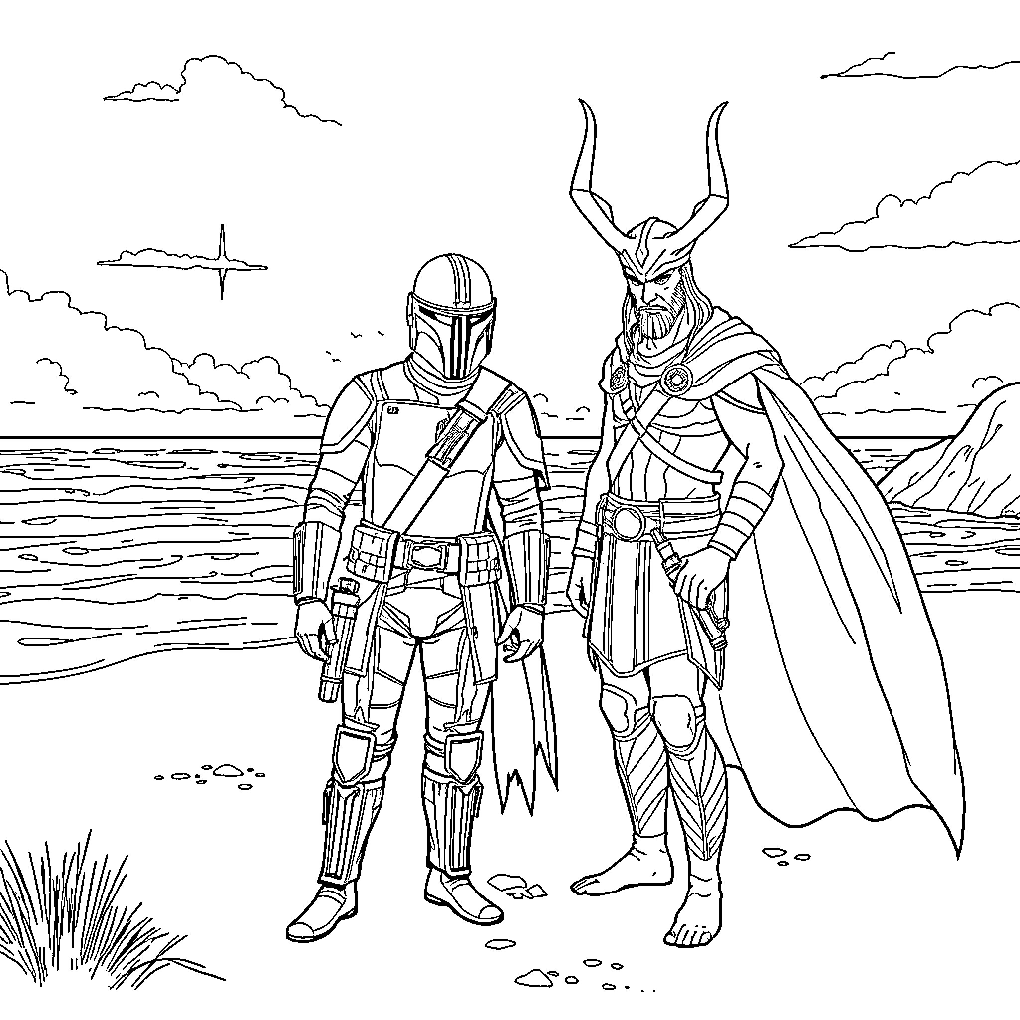 Mandalorian warrior and alien companion in desert landscape Coloring Page (free black-and-white line drawing printable PDF for all, from beginners to advanced learners, including children, teens, adults, and seniors)