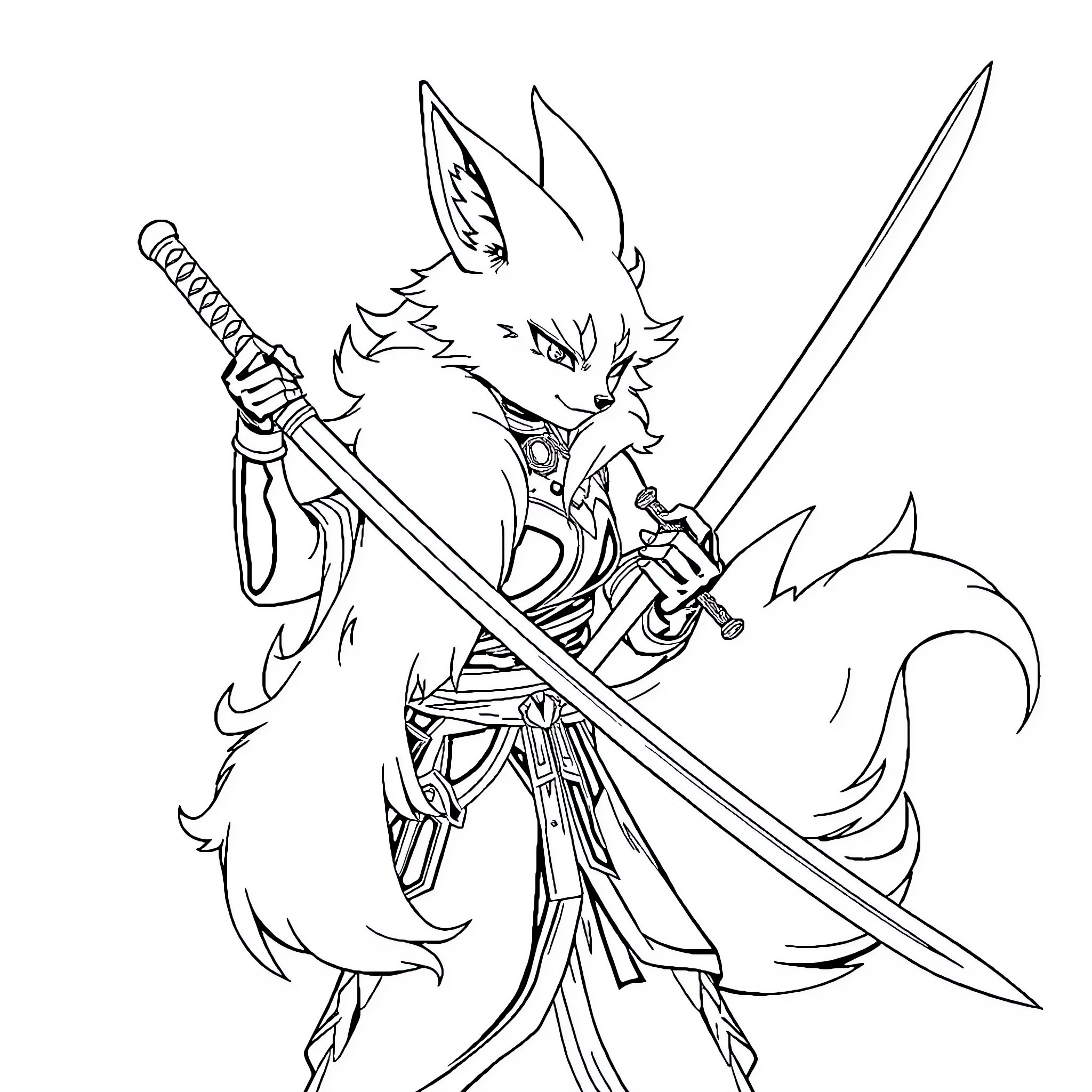 Kitsune Warrior Wielding Dual Blades Coloring Page (free black-and-white line drawing printable PDF for all, from beginners to advanced learners, including children, teens, adults, and seniors)