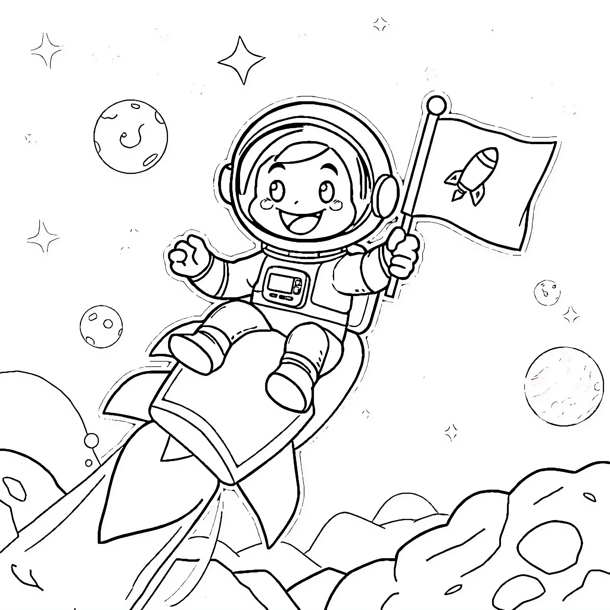 Astronaut on a joyful space adventure Coloring Page (free black-and-white line drawing printable PDF for all, from beginners to advanced learners, including children, teens, adults, and seniors)