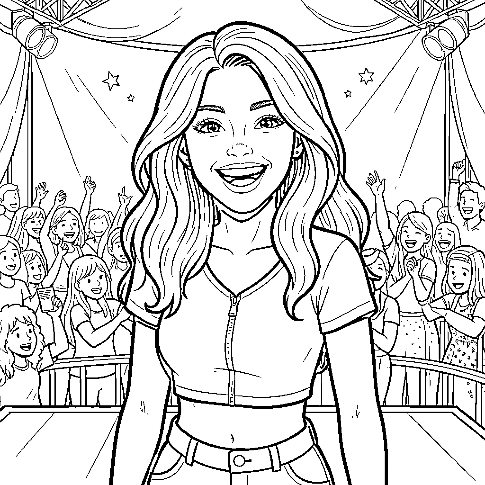 Sabrina Carpenter performing on stage with fans Coloring Page (free black-and-white line drawing printable PDF for all, from beginners to advanced learners, including children, teens, adults, and seniors)