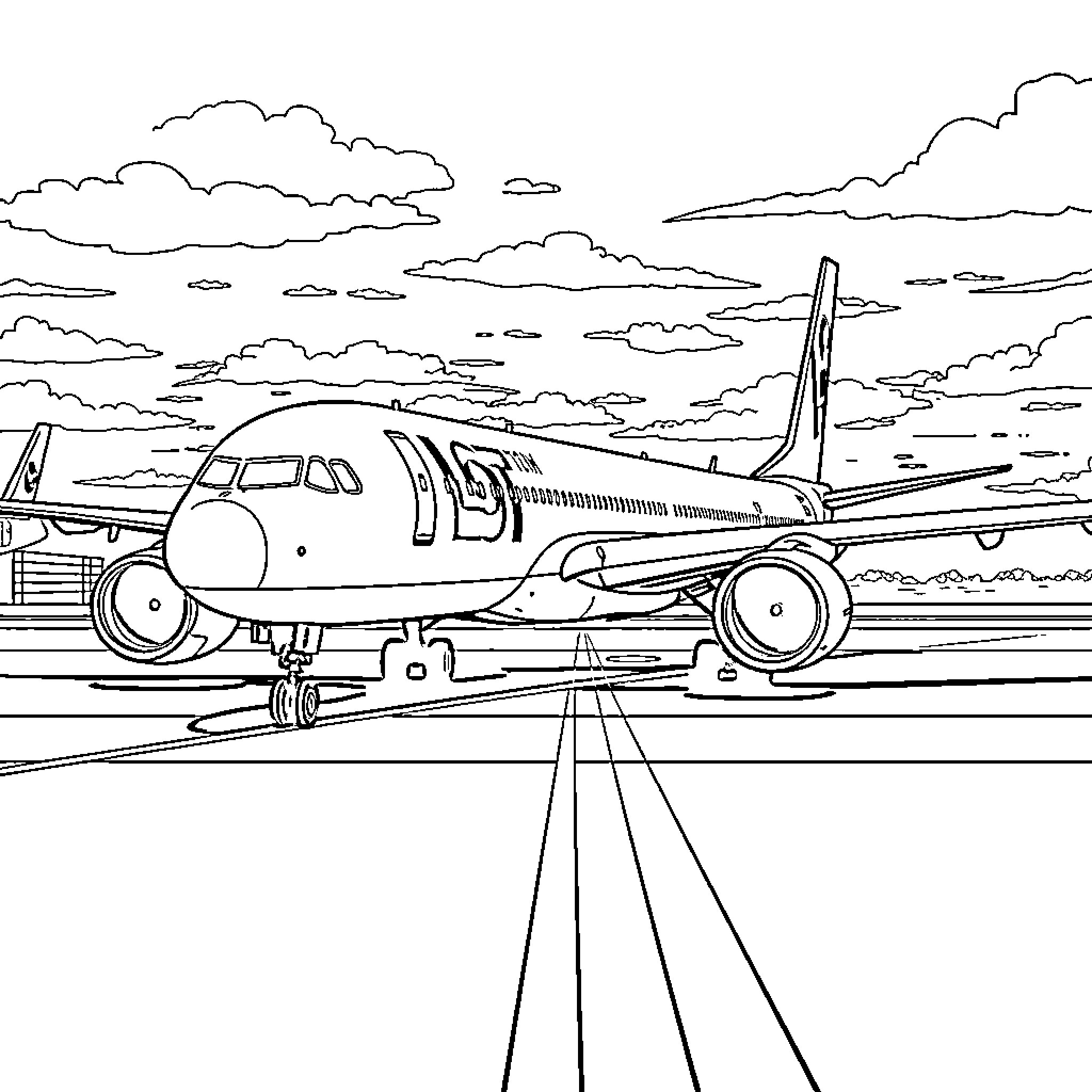 Plane taking off on the runway Coloring Page (free black-and-white line drawing printable PDF for all, from beginners to advanced learners, including children, teens, adults, and seniors)