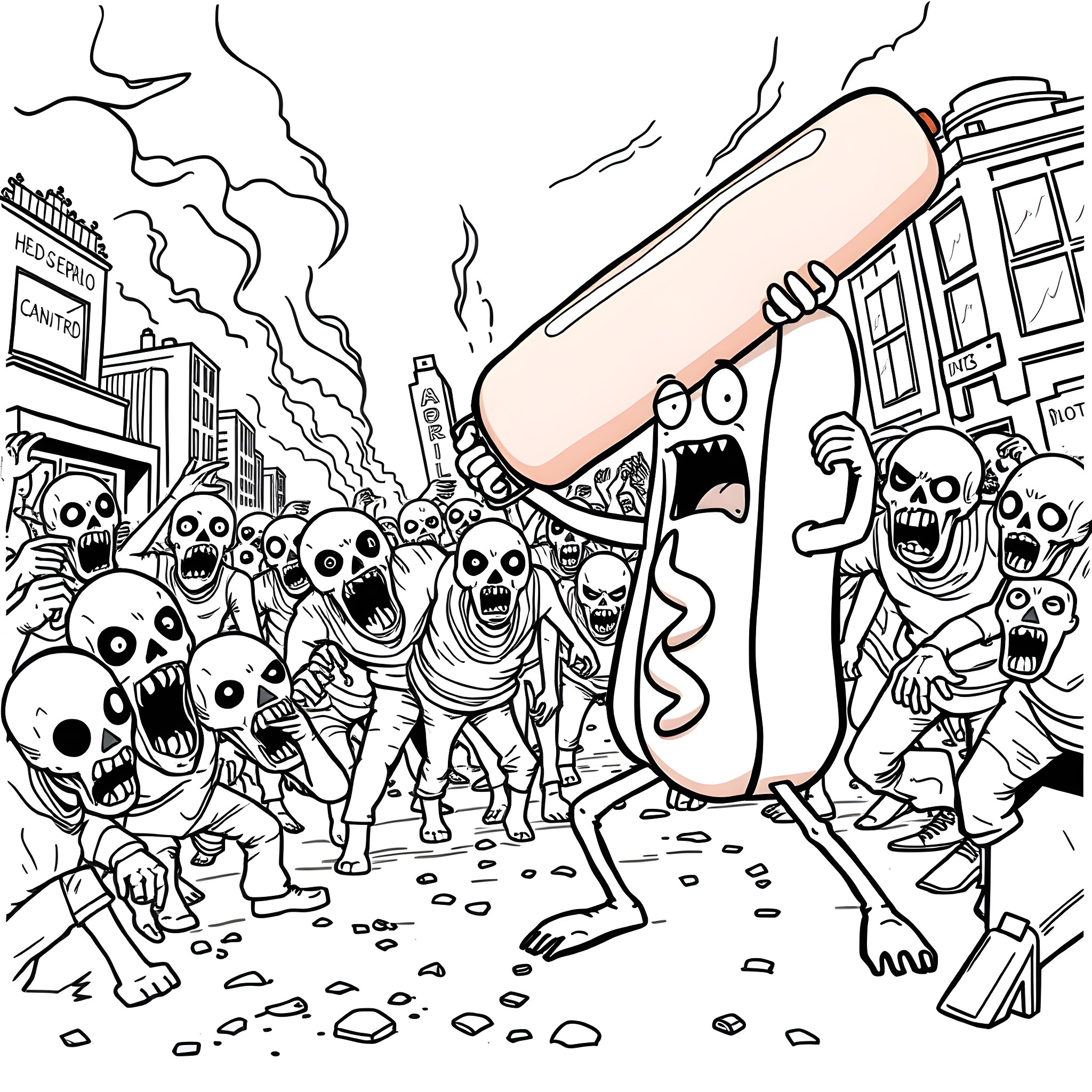 Hot Dog Man Faces Angry Mob of Zombies in Destruction Coloring Page (free black-and-white line drawing printable PDF for all, from beginners to advanced learners, including children, teens, adults, and seniors)