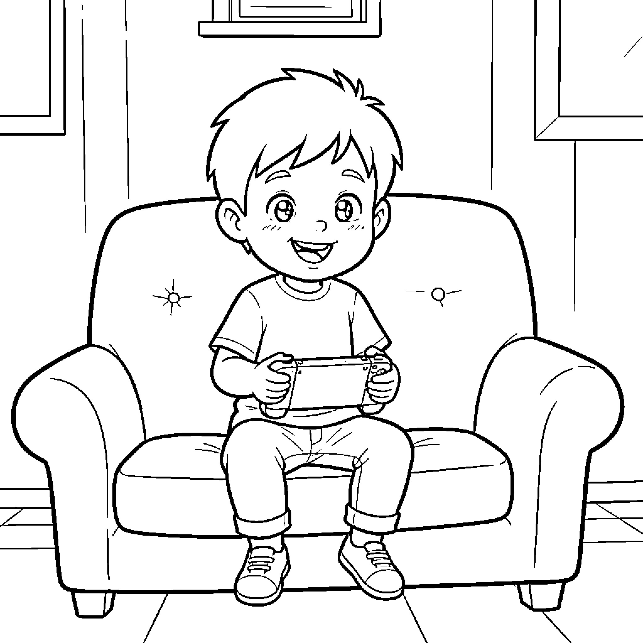 Niño enjoying video game on couch Coloring Page (free black-and-white line drawing printable PDF for all, from beginners to advanced learners, including children, teens, adults, and seniors)