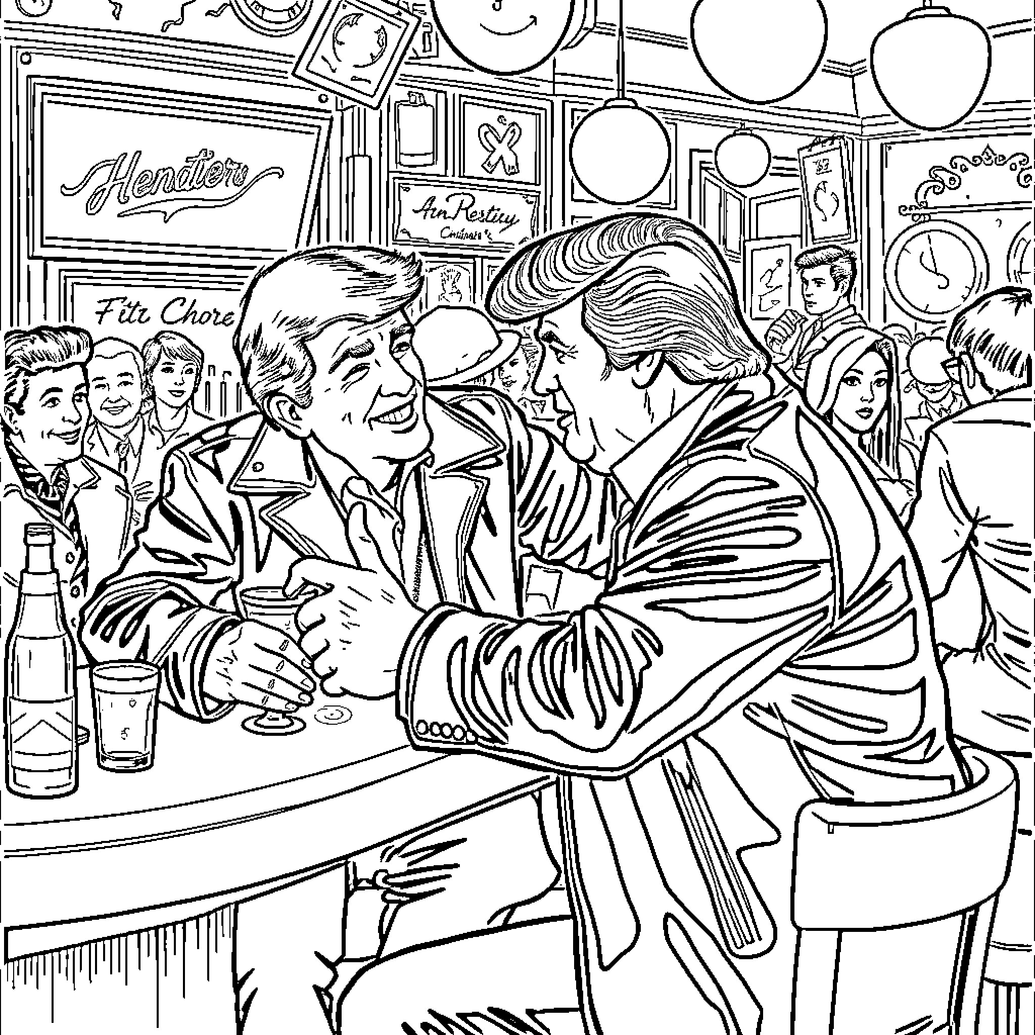 Fonzie's Diner Hangout Coloring Page (free black-and-white line drawing printable PDF for all, from beginners to advanced learners, including children, teens, adults, and seniors)