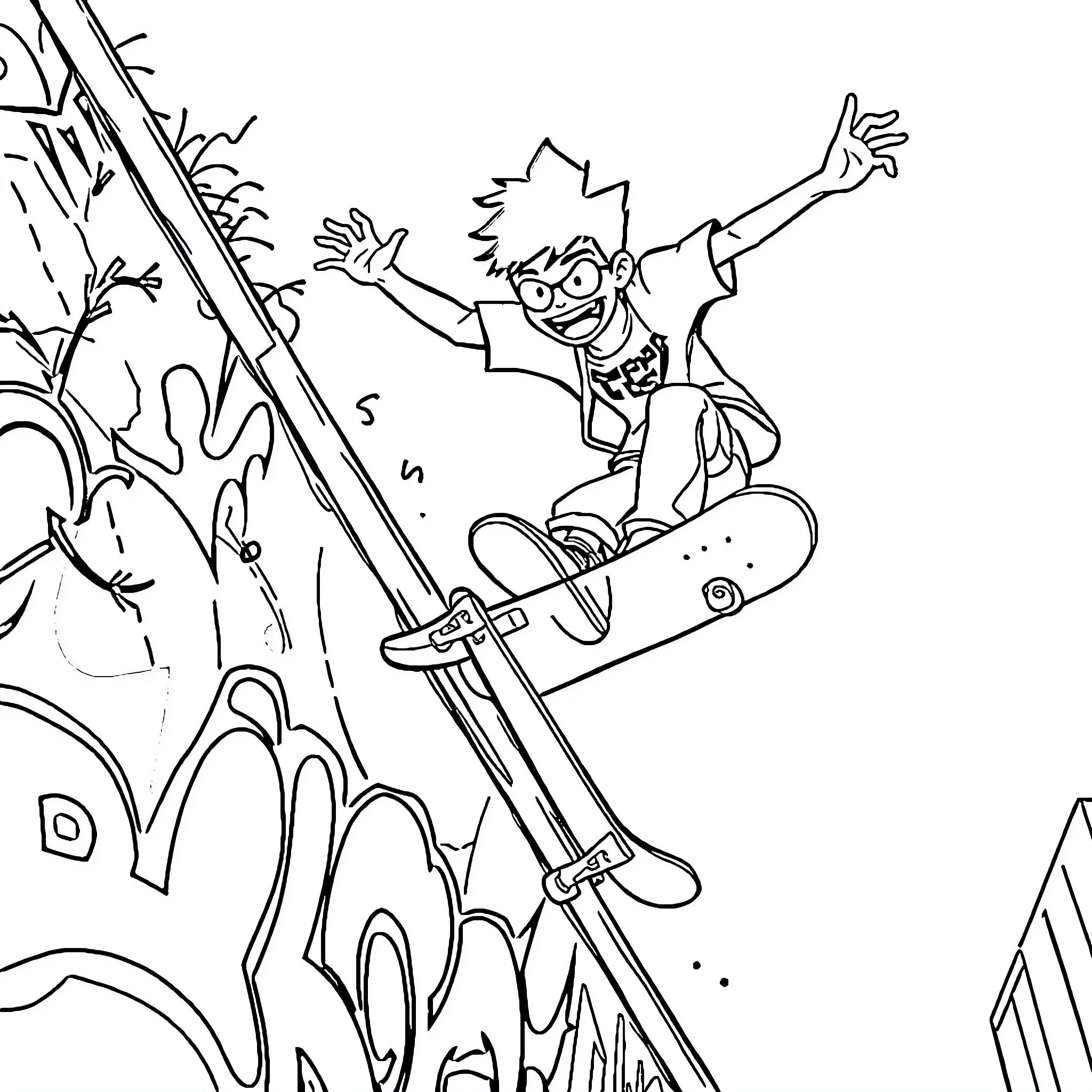 Miles Morales skateboarding through the city Coloring Page (free black-and-white line drawing printable PDF for all, from beginners to advanced learners, including children, teens, adults, and seniors)