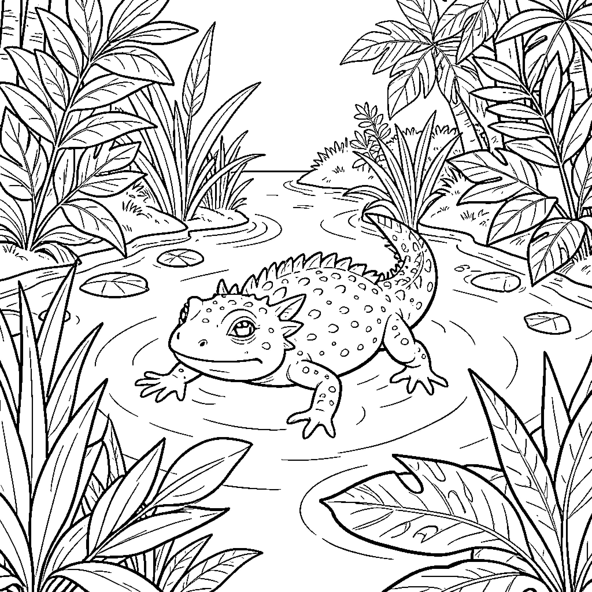 Ajolote exploring the lush jungle habitat Coloring Page (free black-and-white line drawing printable PDF for all, from beginners to advanced learners, including children, teens, adults, and seniors)