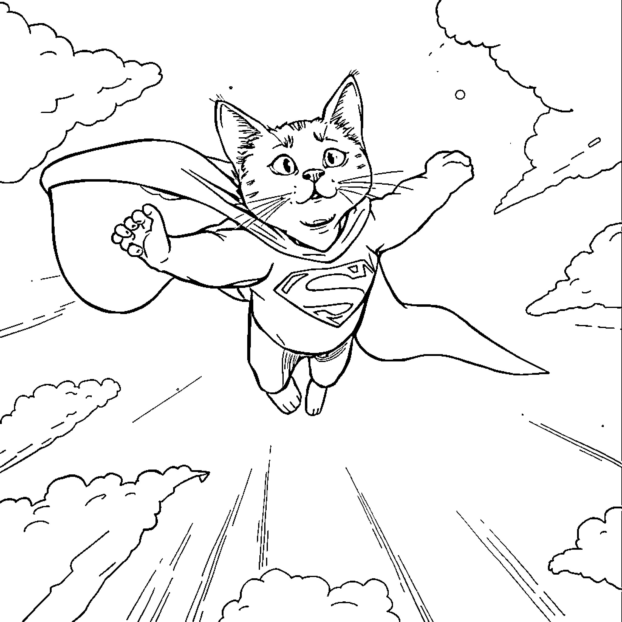 Gato superhero soaring through the clouds Coloring Page (free black-and-white line drawing printable PDF for all, from beginners to advanced learners, including children, teens, adults, and seniors)