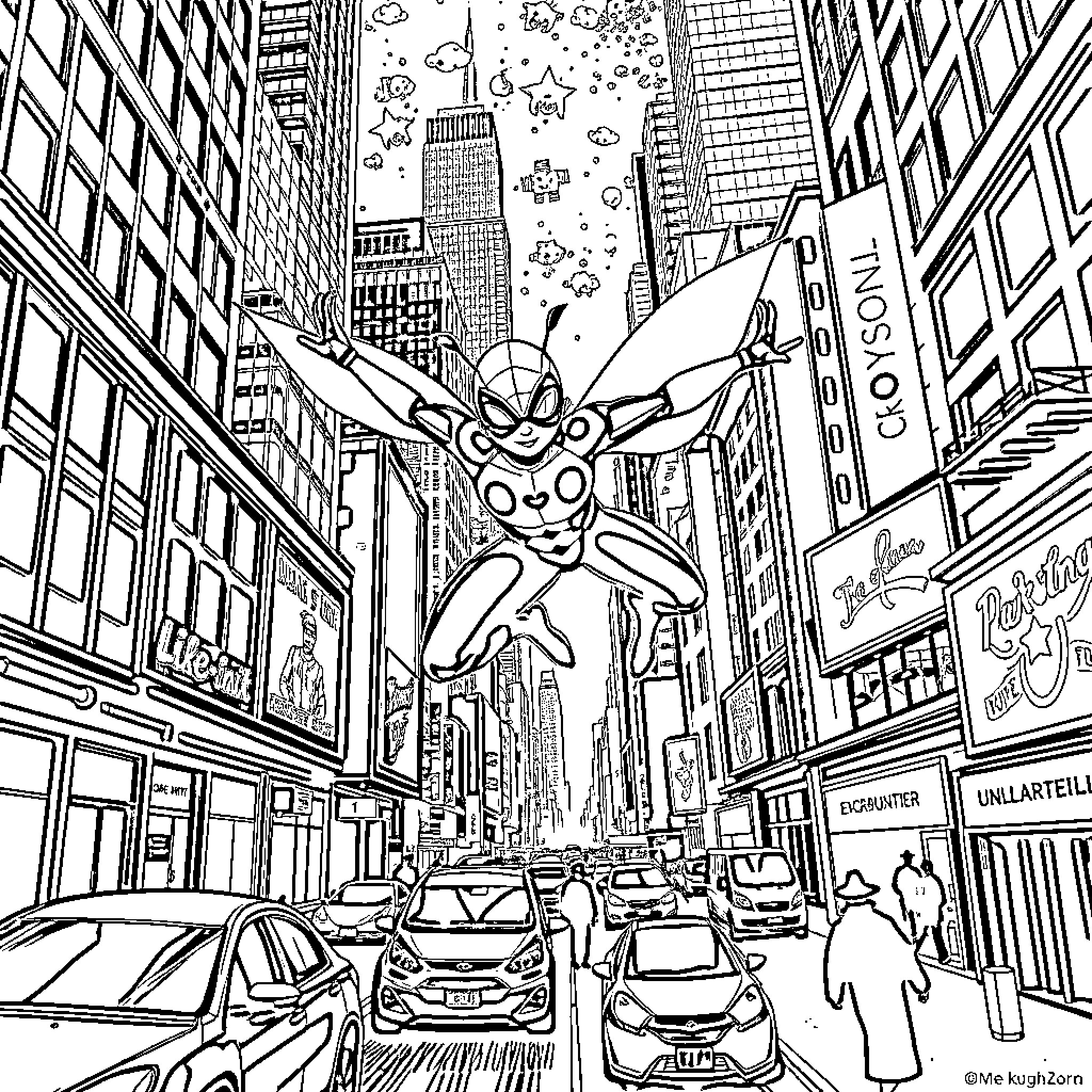 Miraculous Ladybug soaring over vibrant city streets Coloring Page (free black-and-white line drawing printable PDF for all, from beginners to advanced learners, including children, teens, adults, and seniors)