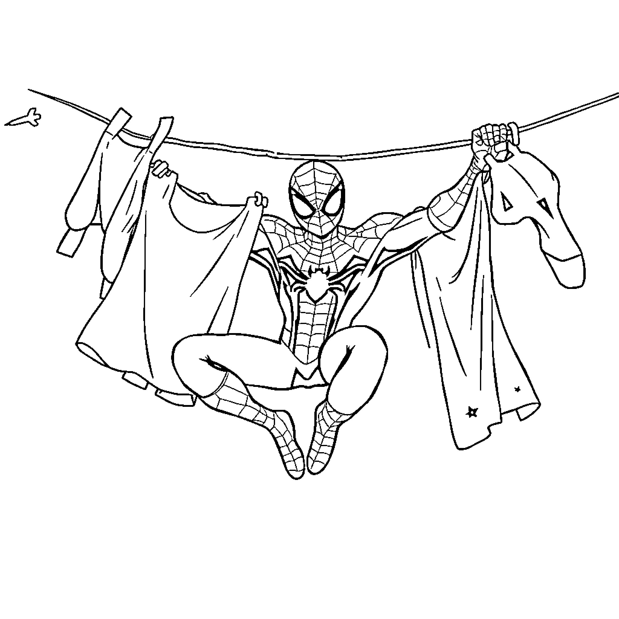 Spider-Man hanging upside down with clothes Coloring Page (free black-and-white line drawing printable PDF for all, from beginners to advanced learners, including children, teens, adults, and seniors)