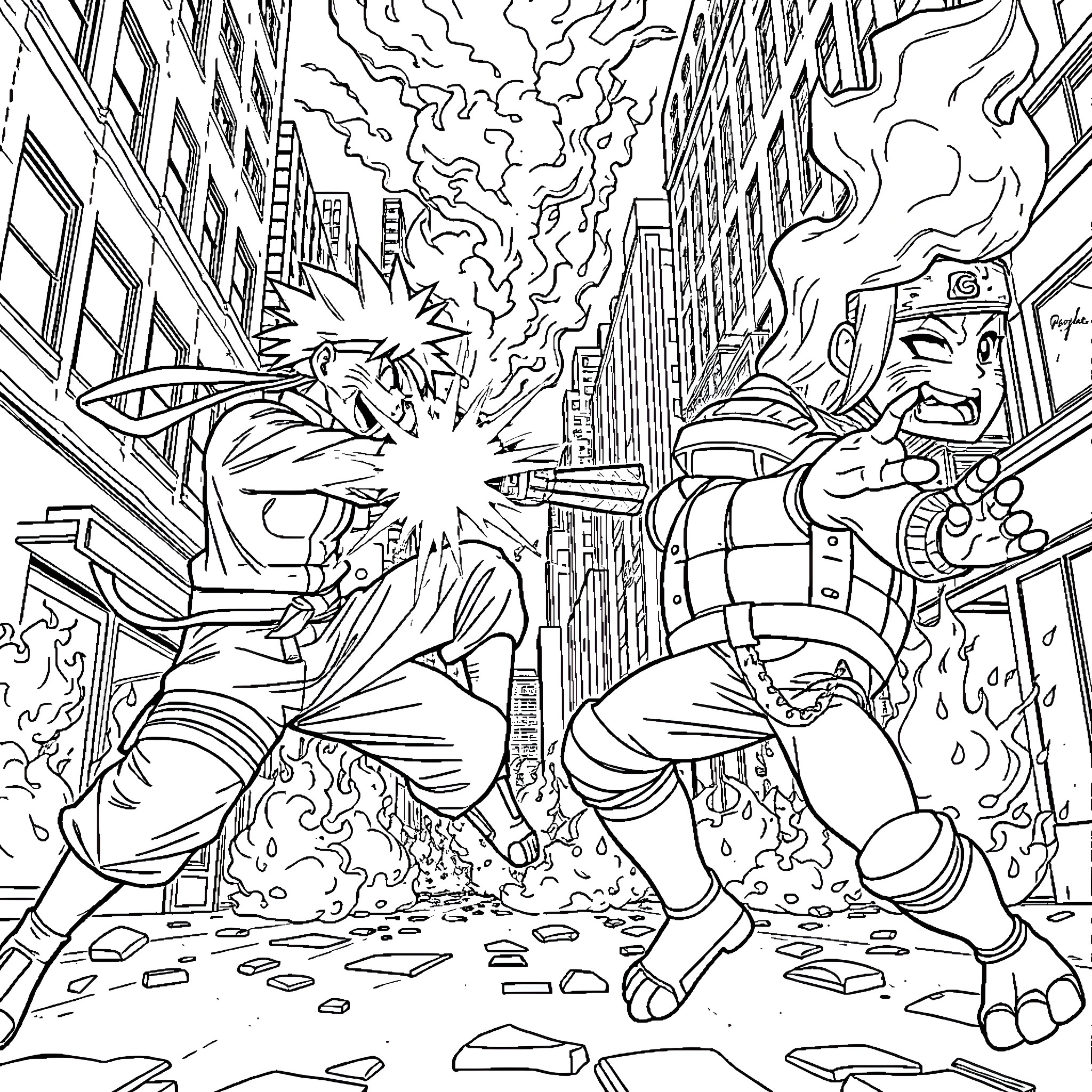 Naruto Battles Fiery Foe in Explosive City Showdown Coloring Page (free black-and-white line drawing printable PDF for all, from beginners to advanced learners, including children, teens, adults, and seniors)