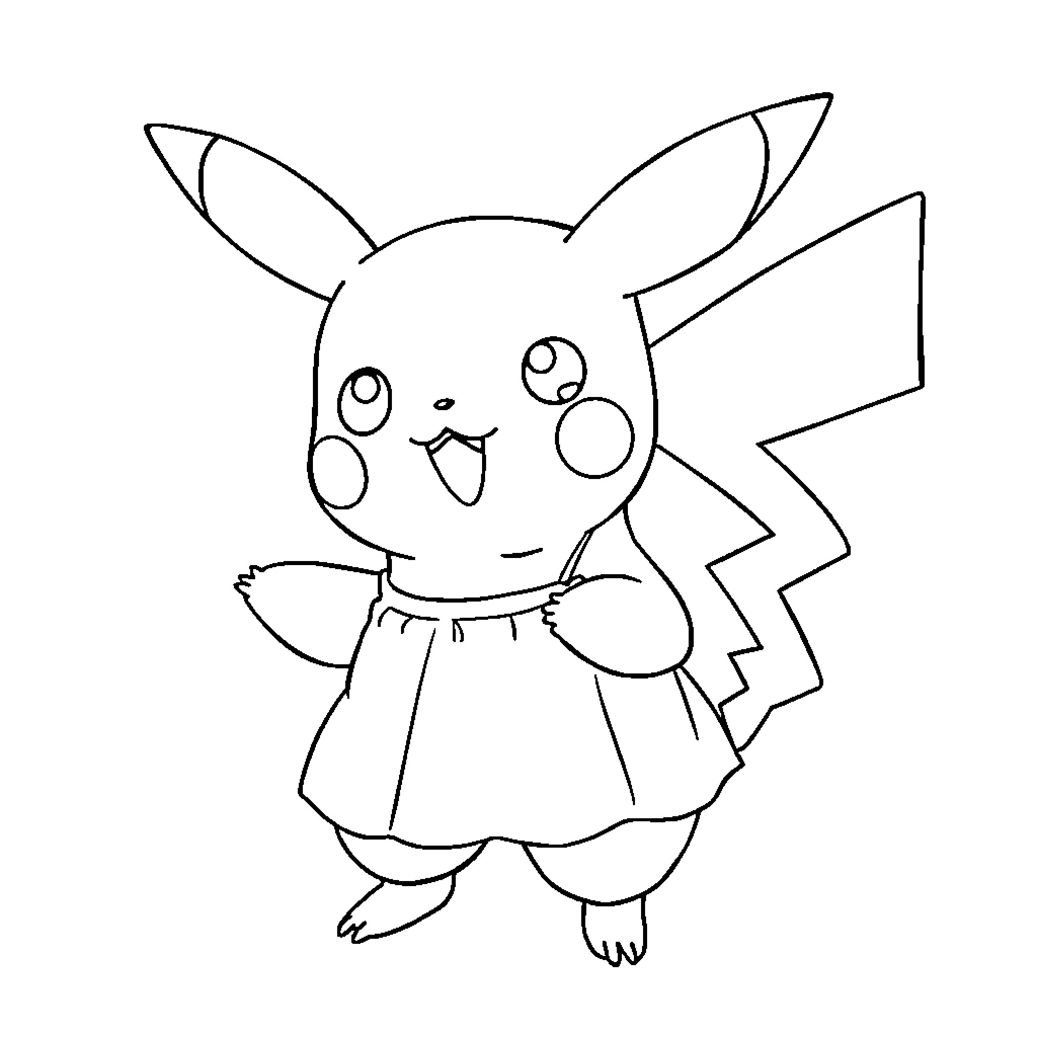 Pikachu in a cheerful expression Coloring Page (free black-and-white line drawing printable PDF for all, from beginners to advanced learners, including children, teens, adults, and seniors)