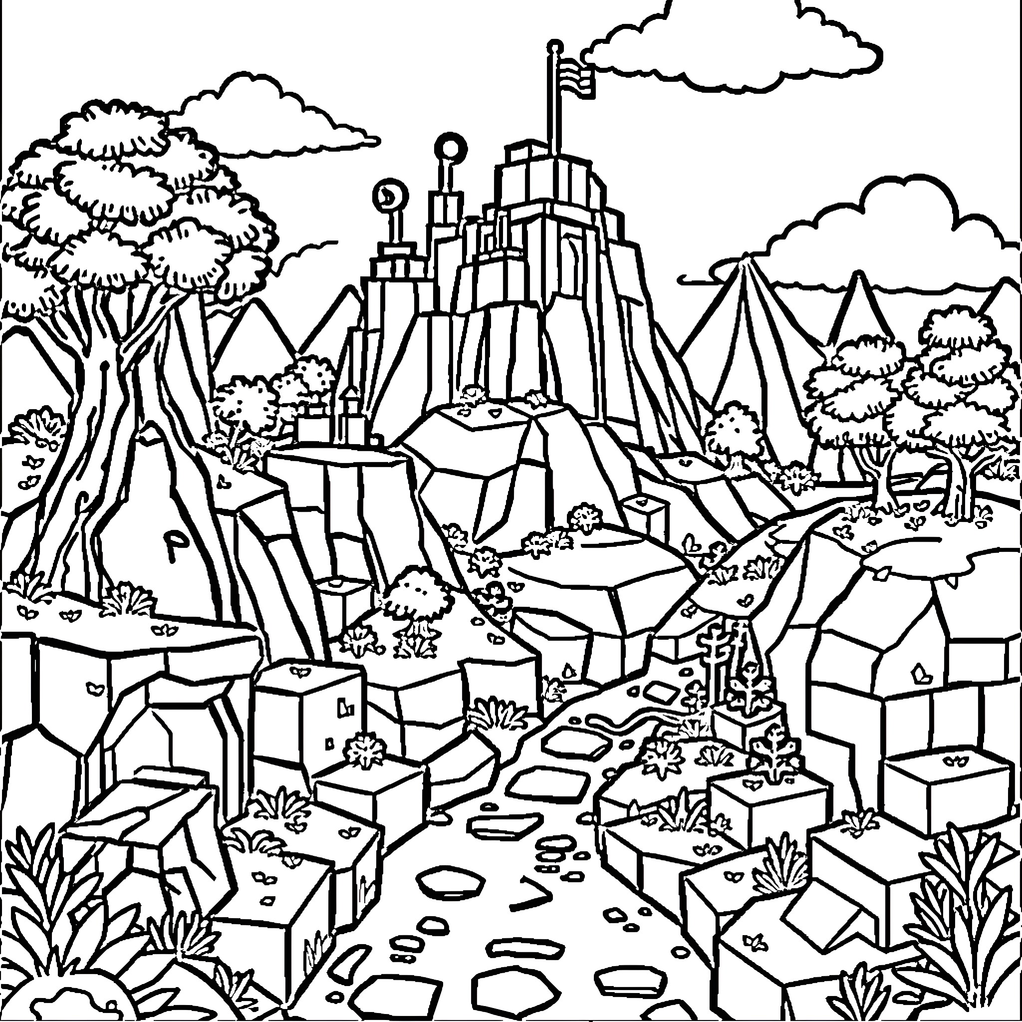 Minecraft Fantastical Landscape with Towering Structures Coloring Page (free black-and-white line drawing printable PDF for all, from beginners to advanced learners, including children, teens, adults, and seniors)