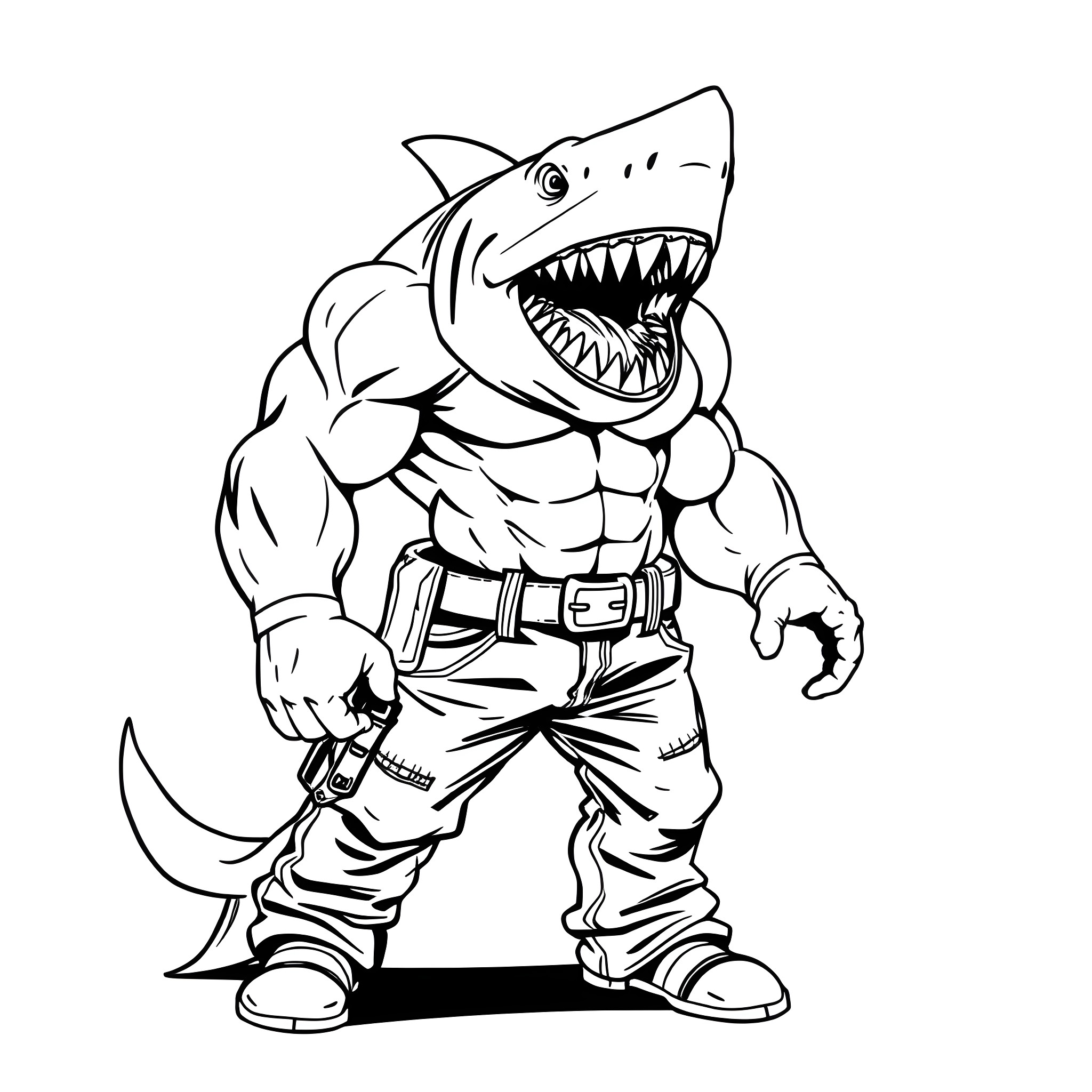 Shark in tough outfit showing its teeth Coloring Page (free black-and-white line drawing printable PDF for all, from beginners to advanced learners, including children, teens, adults, and seniors)