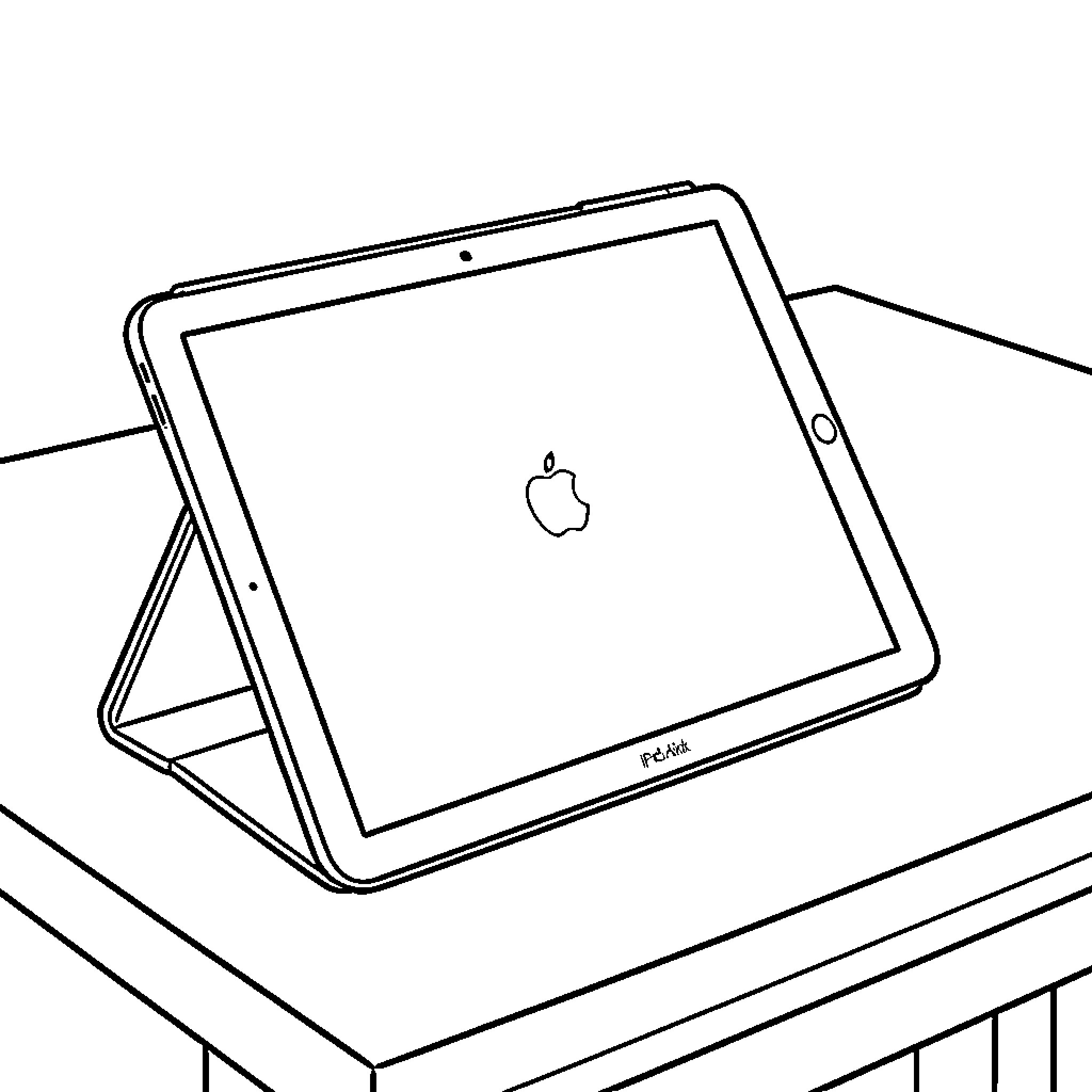 Ipad resting on a stand atop a table Coloring Page (free black-and-white line drawing printable PDF for all, from beginners to advanced learners, including children, teens, adults, and seniors)