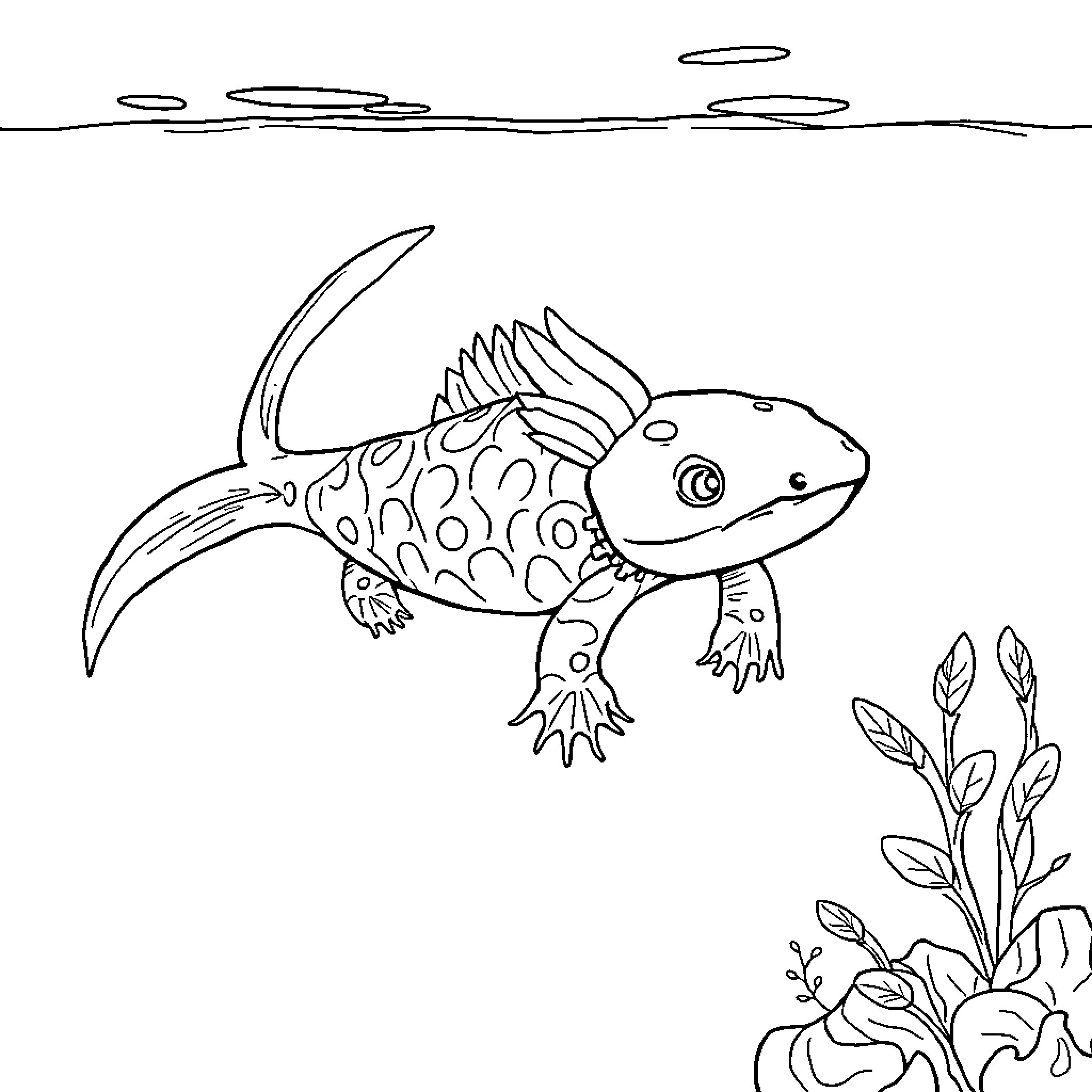 Axolotl exploring underwater flora Coloring Page (free black-and-white line drawing printable PDF for all, from beginners to advanced learners, including children, teens, adults, and seniors)