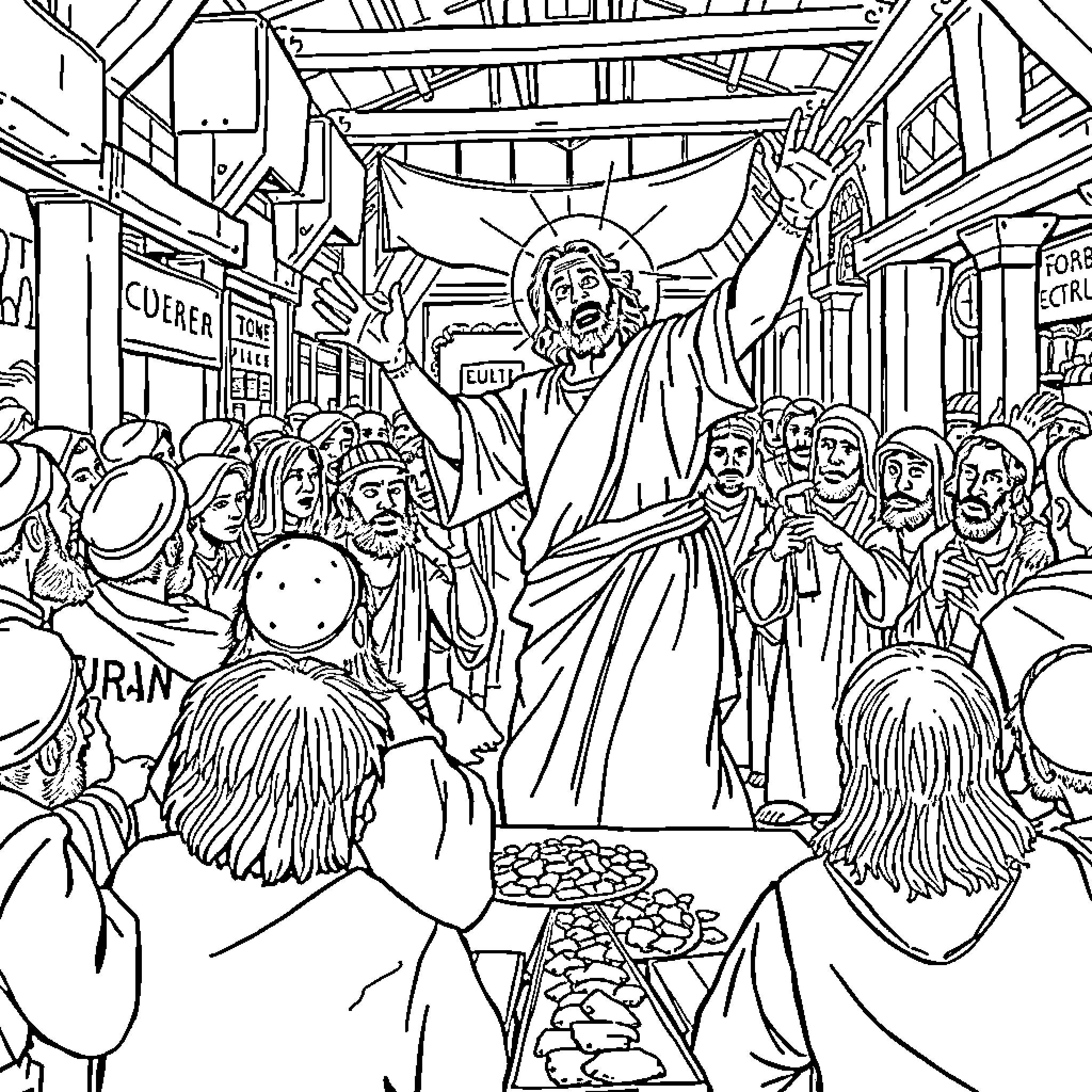 Jesus Teaching in the Marketplace Coloring Page (free black-and-white line drawing printable PDF for all, from beginners to advanced learners, including children, teens, adults, and seniors)