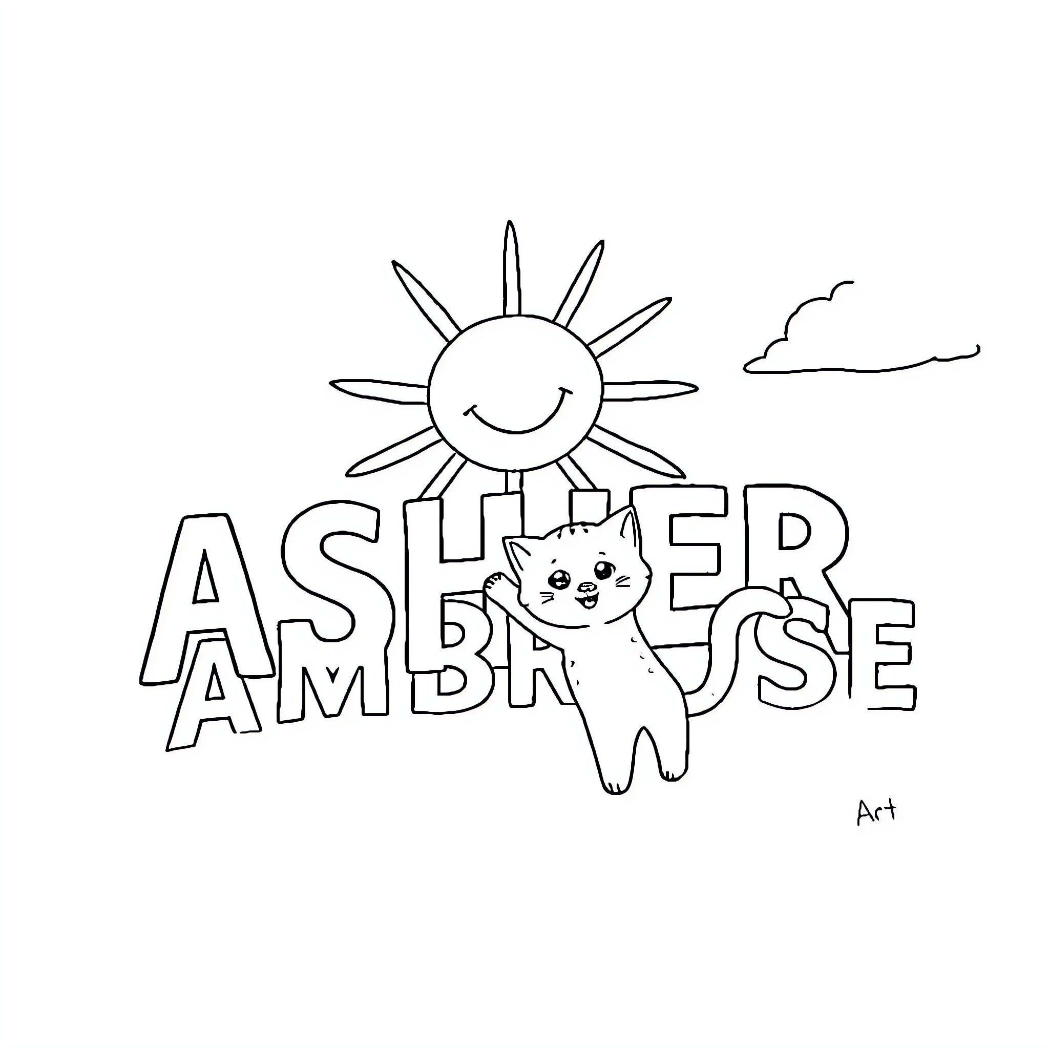 Sun shining over smiling cat in the sky Coloring Page (free black-and-white line drawing printable PDF for all, from beginners to advanced learners, including children, teens, adults, and seniors)
