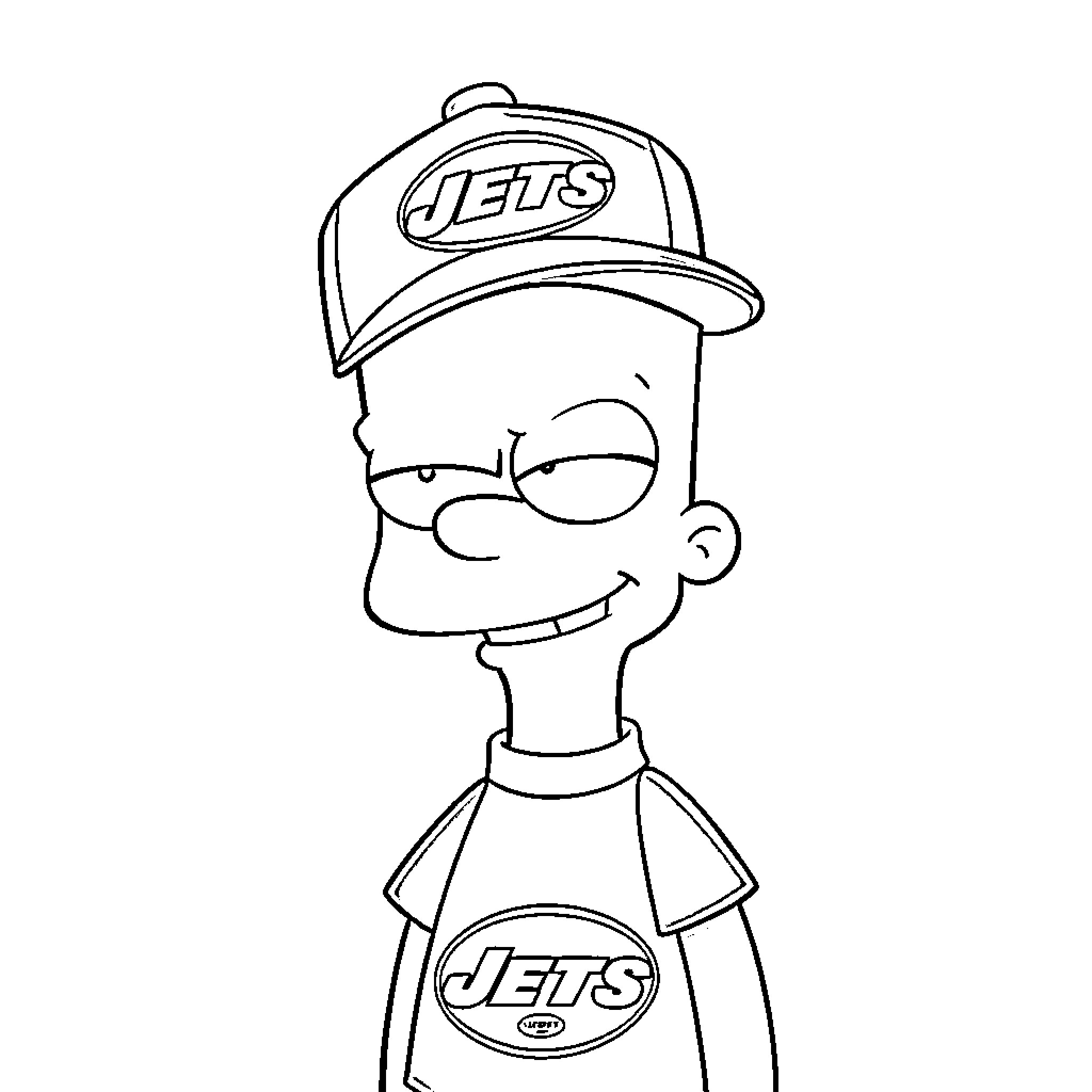 Bart Simpson wearing Jets attire with a mischievous expression Coloring Page (free black-and-white line drawing printable PDF for all, from beginners to advanced learners, including children, teens, adults, and seniors)