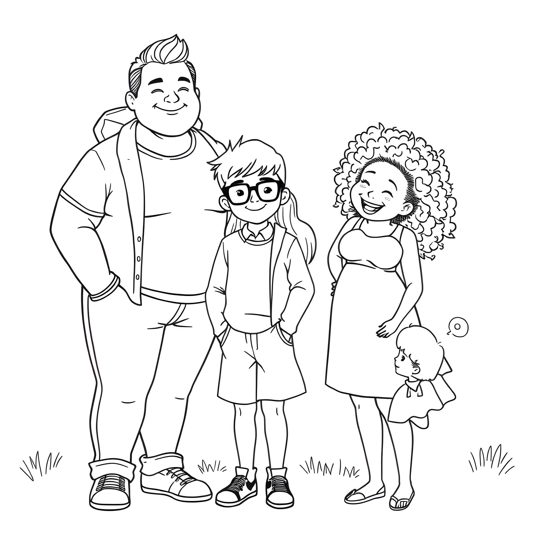 Mom and family enjoying the outdoors together Coloring Page (free black-and-white line drawing printable PDF for all, from beginners to advanced learners, including children, teens, adults, and seniors)