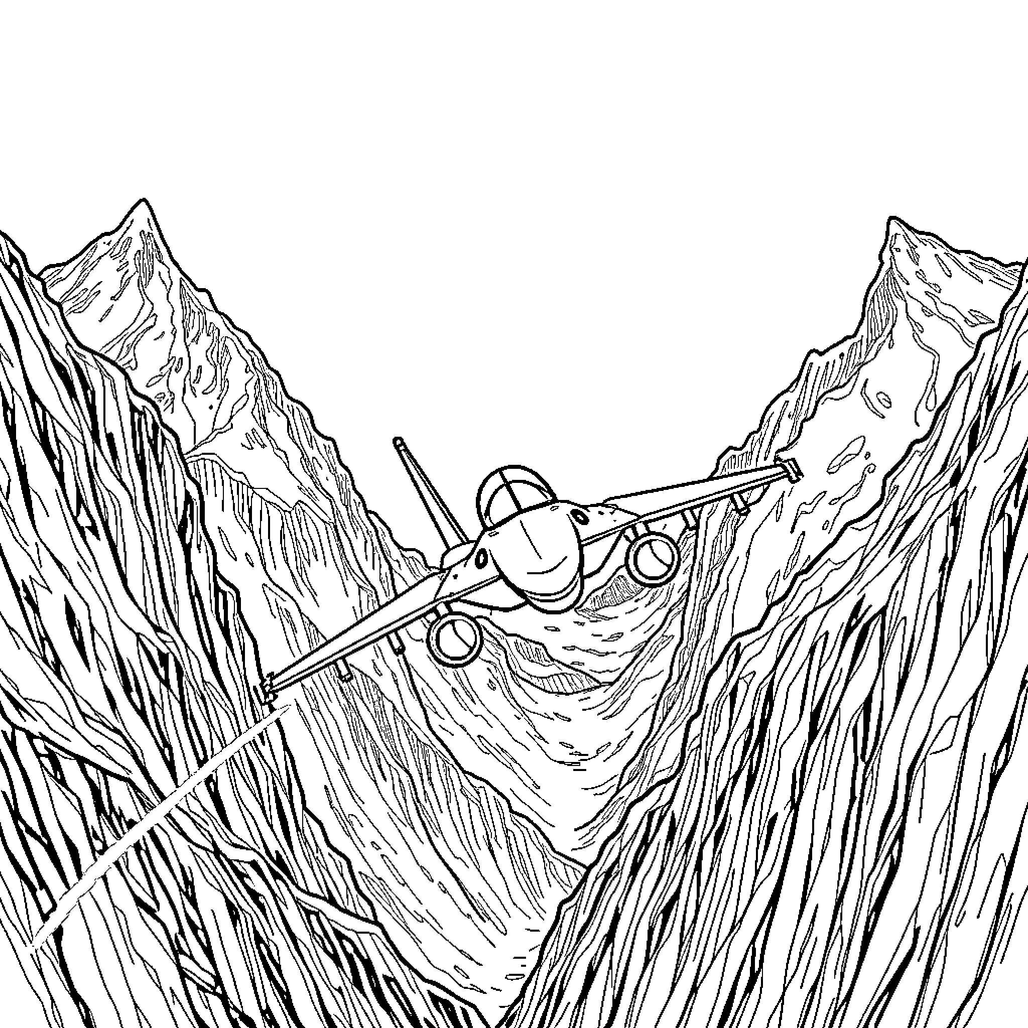 Fighter Jet maneuvering through rugged mountain terrain Coloring Page (free black-and-white line drawing printable PDF for all, from beginners to advanced learners, including children, teens, adults, and seniors)