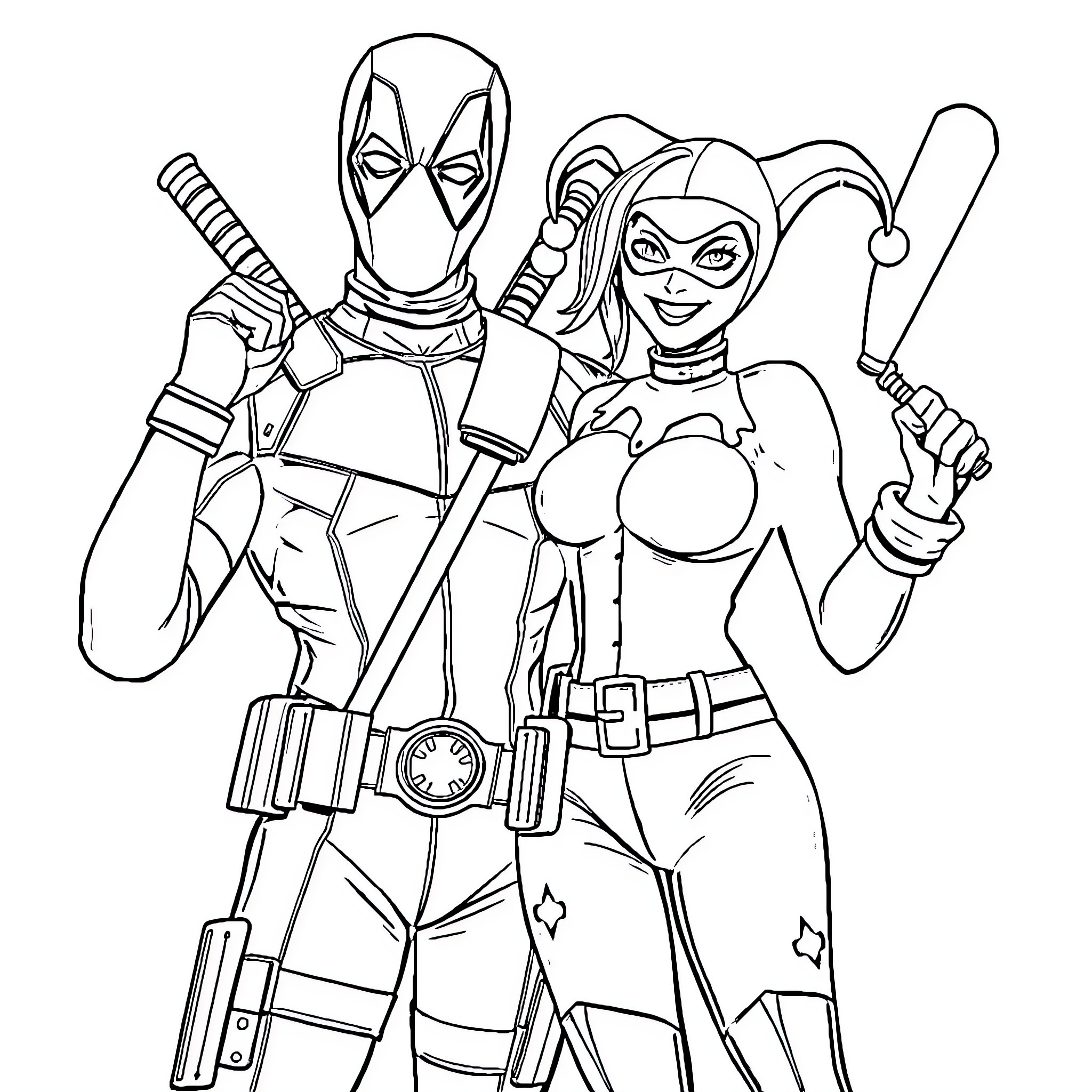 Deadpool and Harley Quinn in Action Poses Coloring Page (free black-and-white line drawing printable PDF for all, from beginners to advanced learners, including children, teens, adults, and seniors)