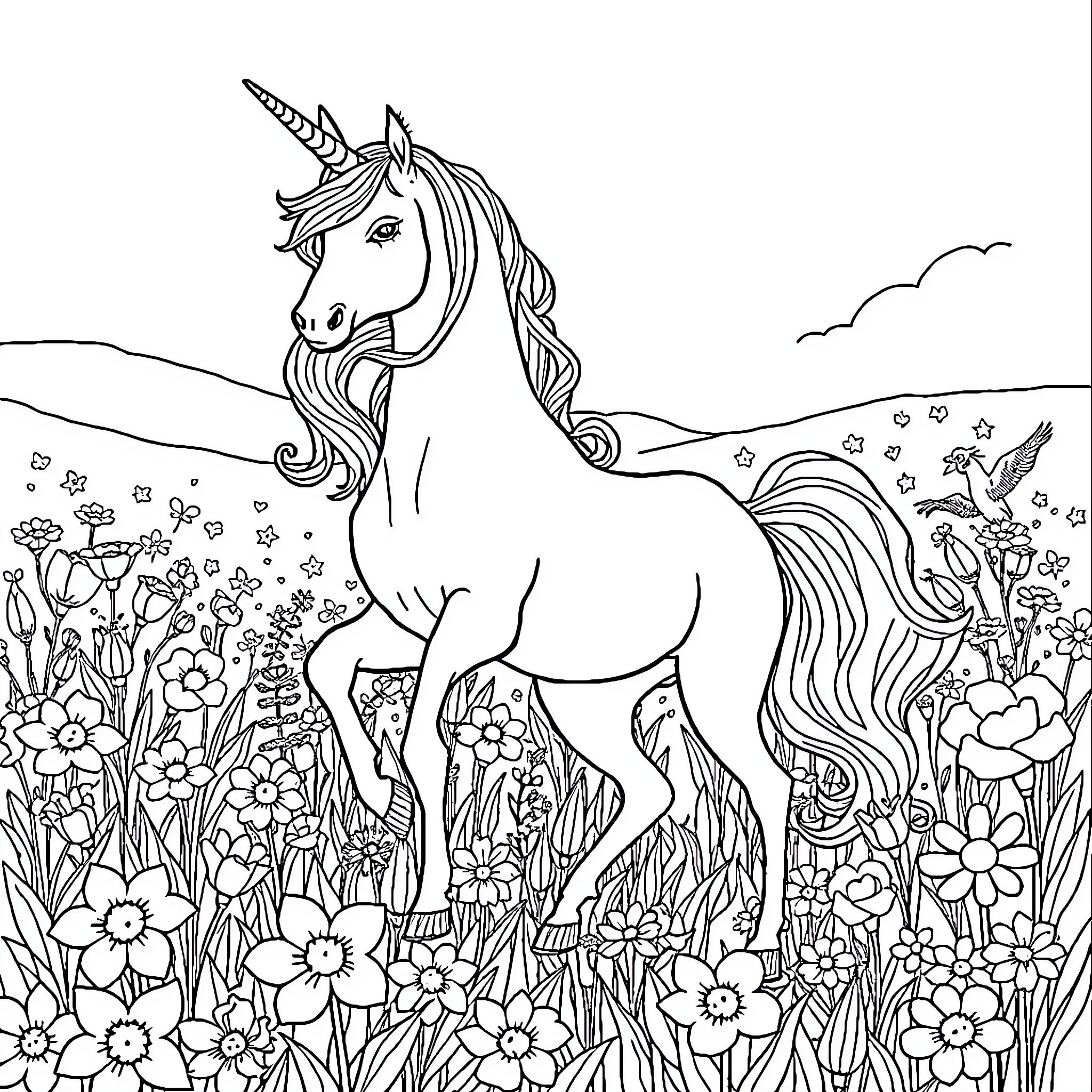 Unicorn standing amidst a field of flowers Coloring Page (free black-and-white line drawing printable PDF for all, from beginners to advanced learners, including children, teens, adults, and seniors)