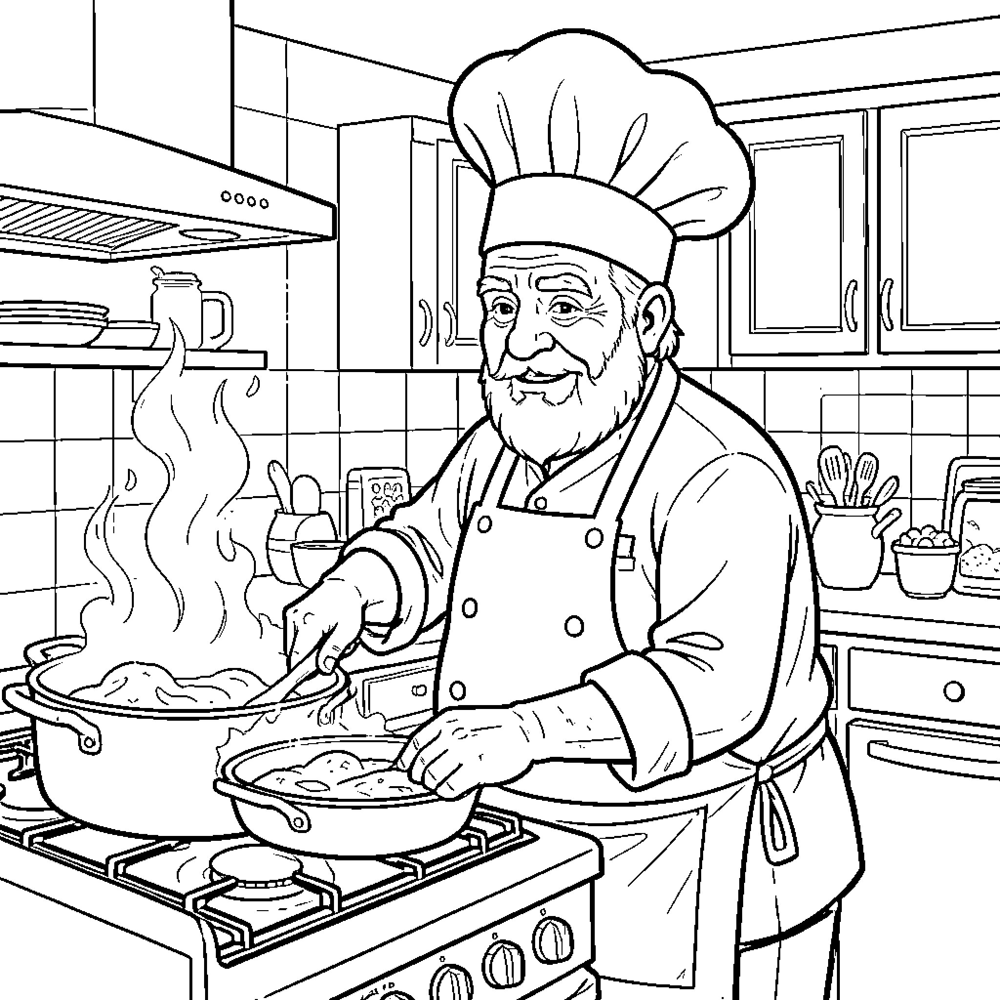 Grandfather Cooking Up a Storm in the Kitchen Coloring Page (free black-and-white line drawing printable PDF for all, from beginners to advanced learners, including children, teens, adults, and seniors)