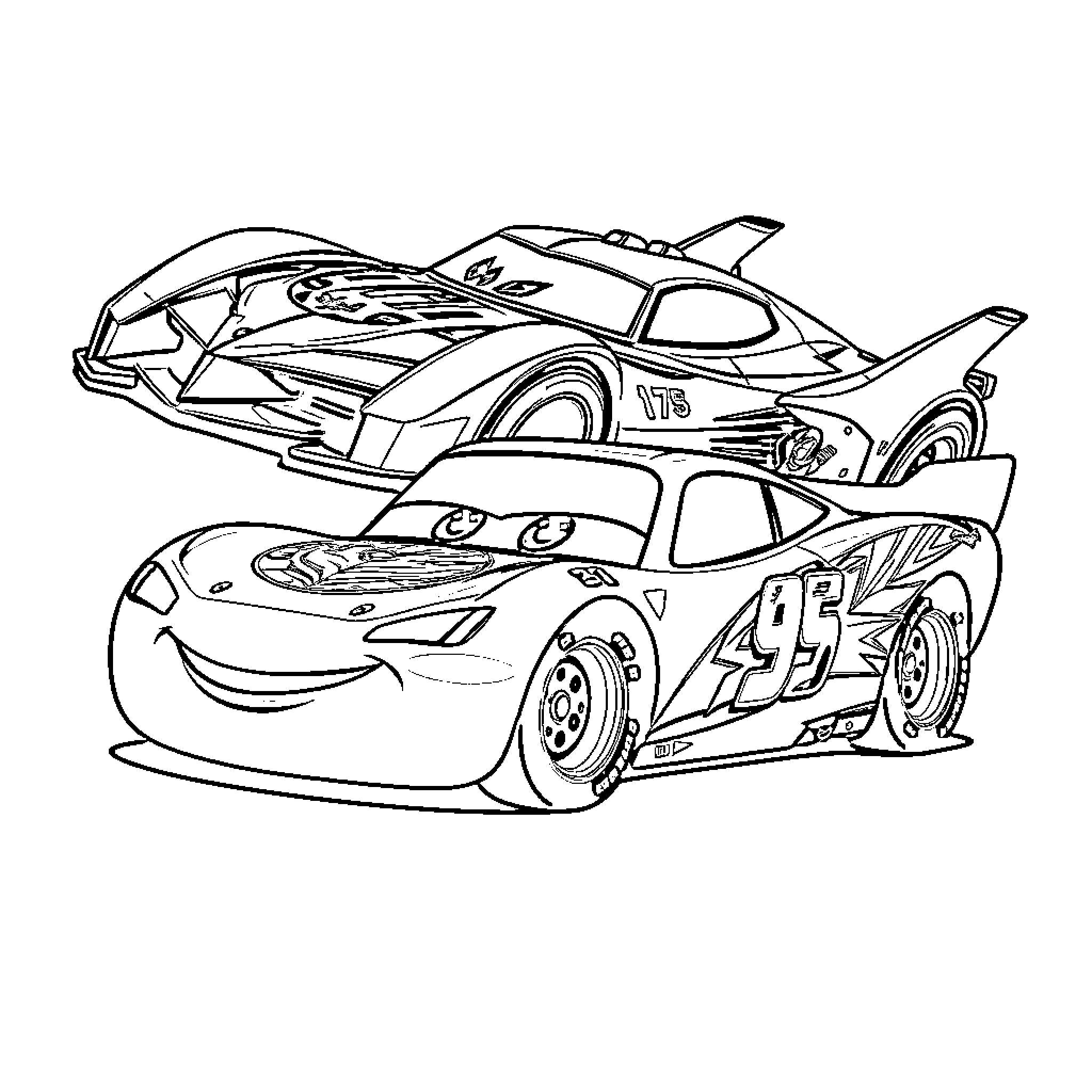 Cars racing on the track Coloring Page (free black-and-white line drawing printable PDF for all, from beginners to advanced learners, including children, teens, adults, and seniors)