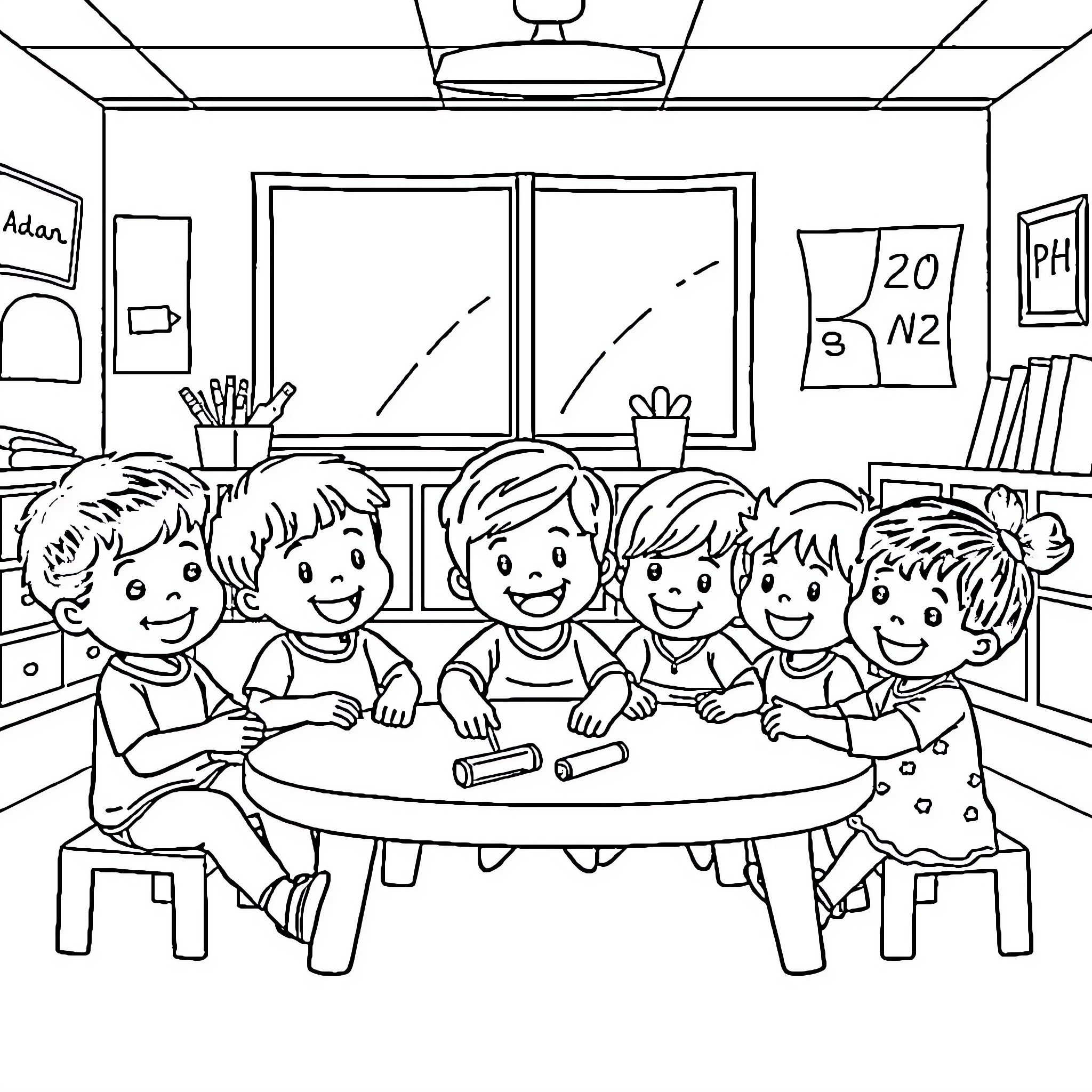 Preschoolers enjoying a group activity in the classroom Coloring Page (free black-and-white line drawing printable PDF for all, from beginners to advanced learners, including children, teens, adults, and seniors)