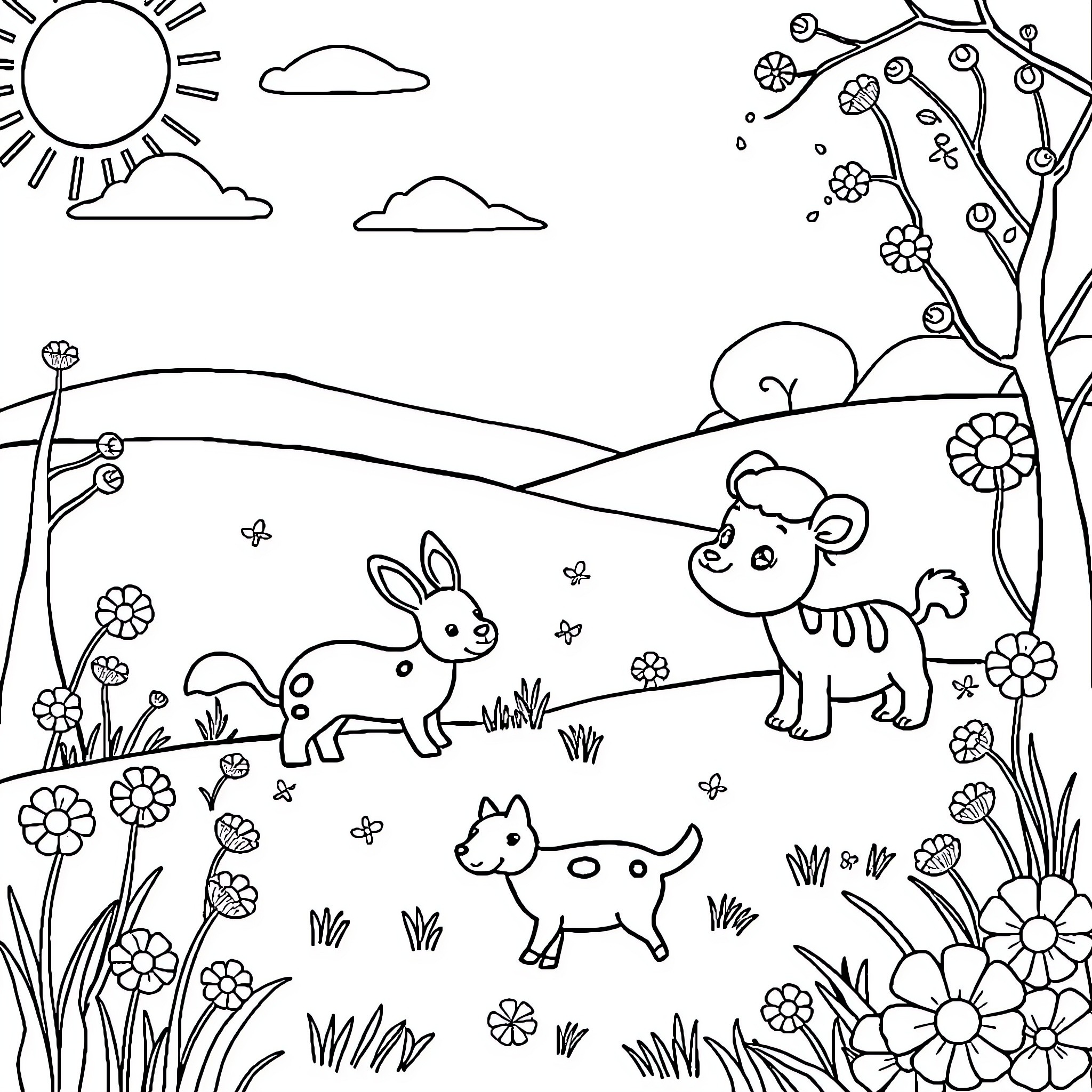 Animal playing in a floral meadow Coloring Page (free black-and-white line drawing printable PDF for all, from beginners to advanced learners, including children, teens, adults, and seniors)