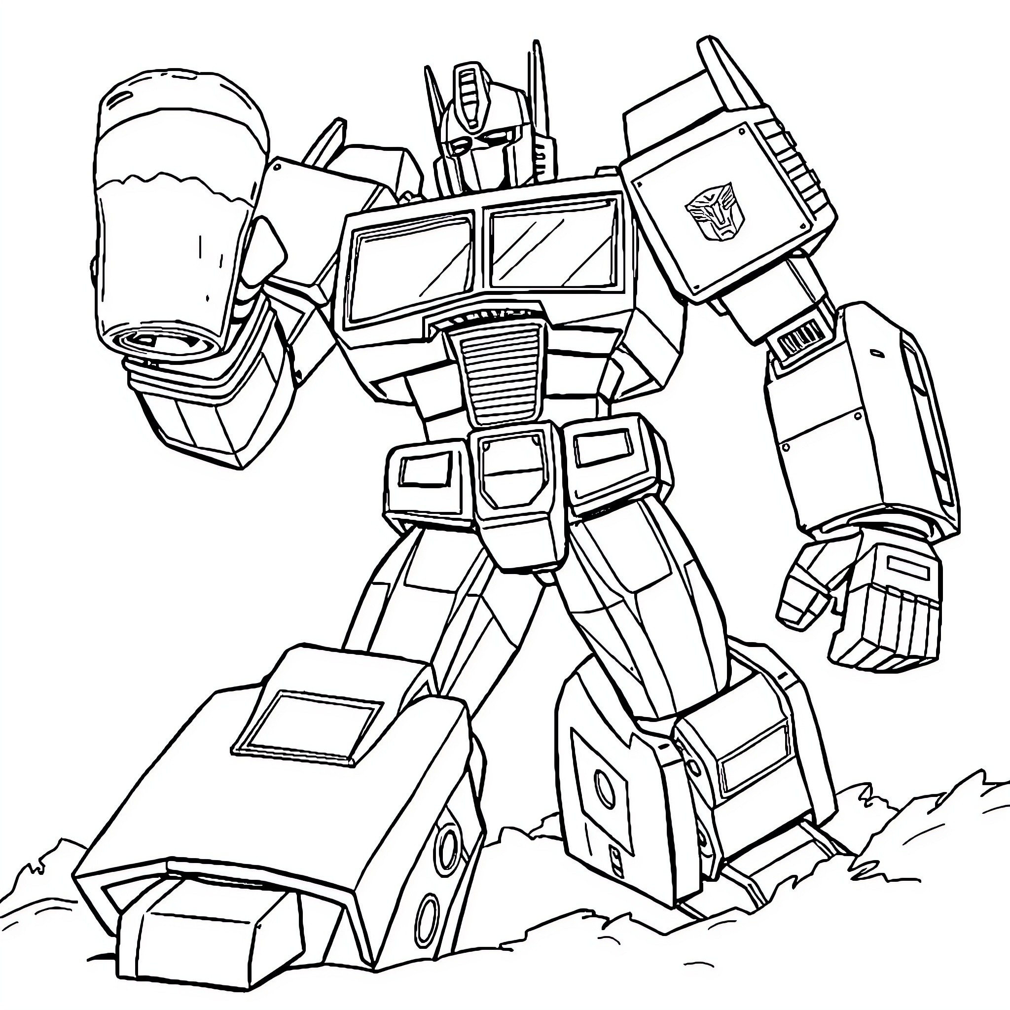 Optimus Prime in heroic robot transformation pose Coloring Page (free black-and-white line drawing printable PDF for all, from beginners to advanced learners, including children, teens, adults, and seniors)