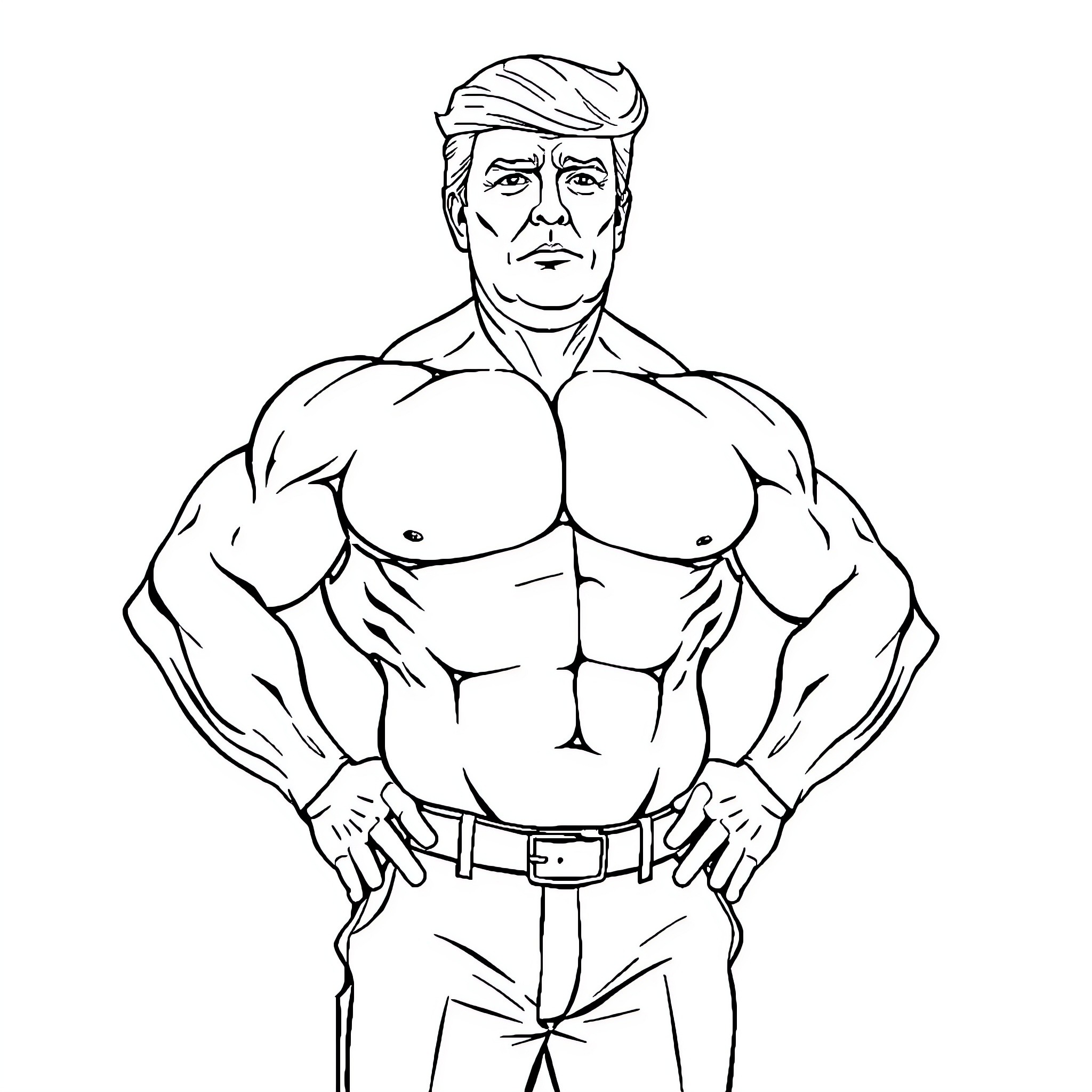 Trump as a muscular superhero figure Coloring Page (free black-and-white line drawing printable PDF for all, from beginners to advanced learners, including children, teens, adults, and seniors)