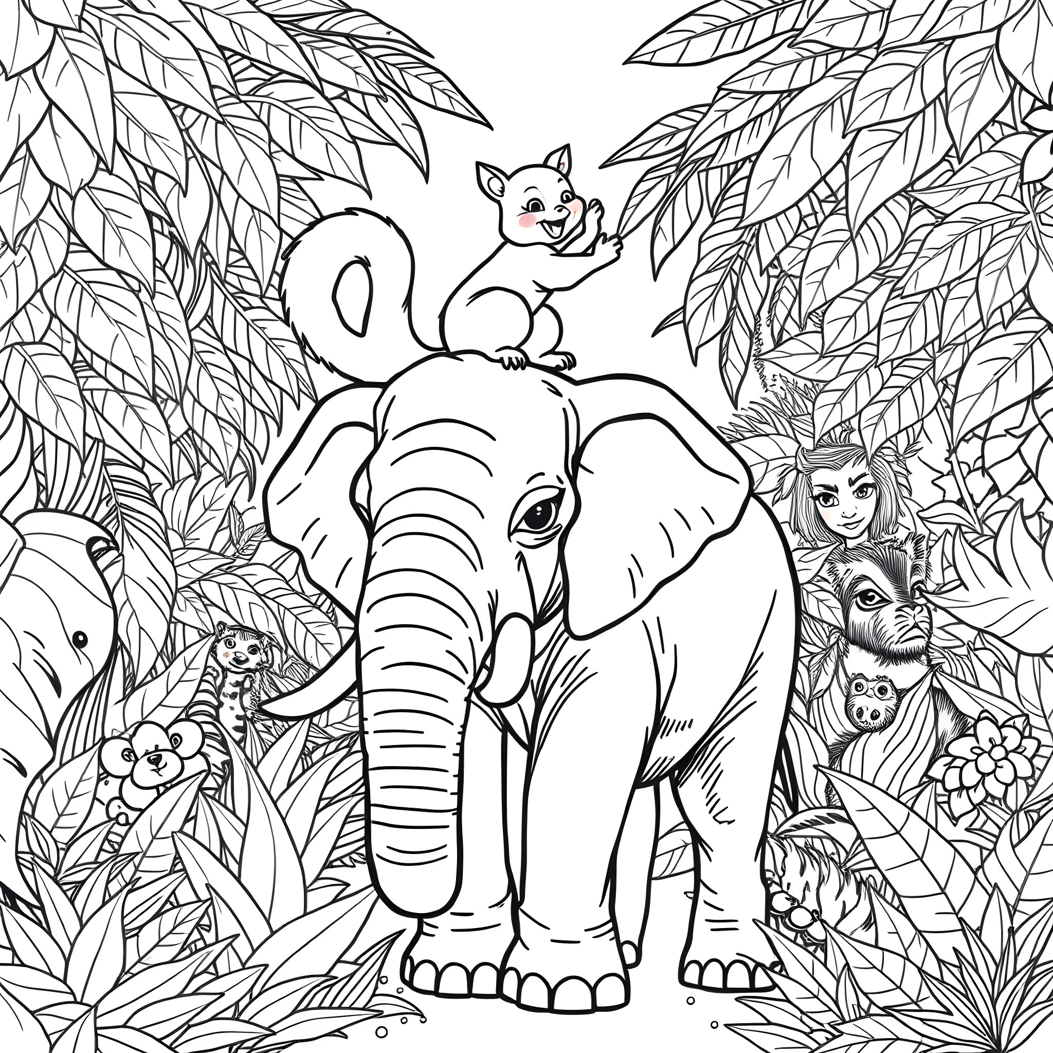 Squirrel and Elephant in the Lush Jungle Coloring Page (free black-and-white line drawing printable PDF for all, from beginners to advanced learners, including children, teens, adults, and seniors)