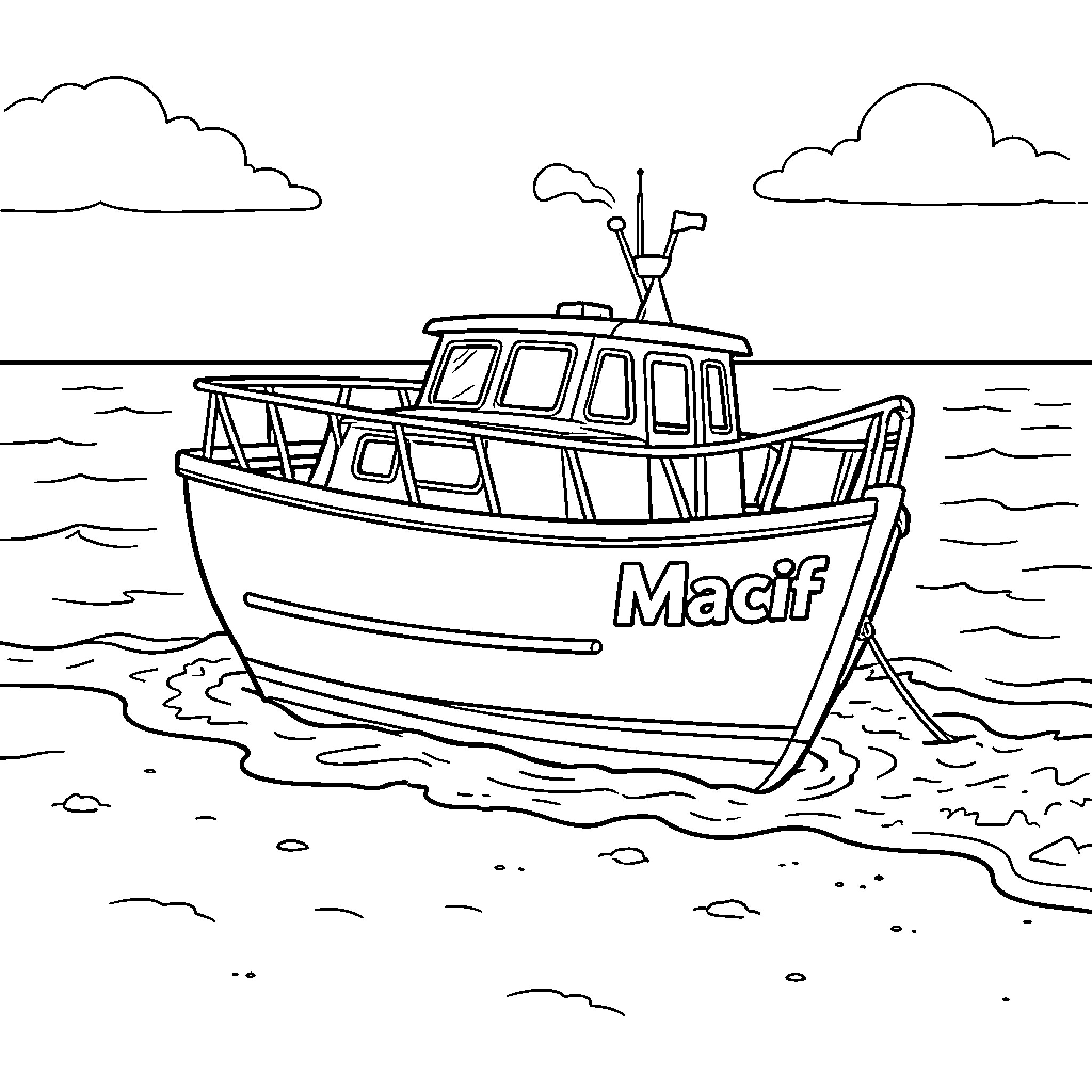Bateau floating calmly on the ocean waves Coloring Page (free black-and-white line drawing printable PDF for all, from beginners to advanced learners, including children, teens, adults, and seniors)