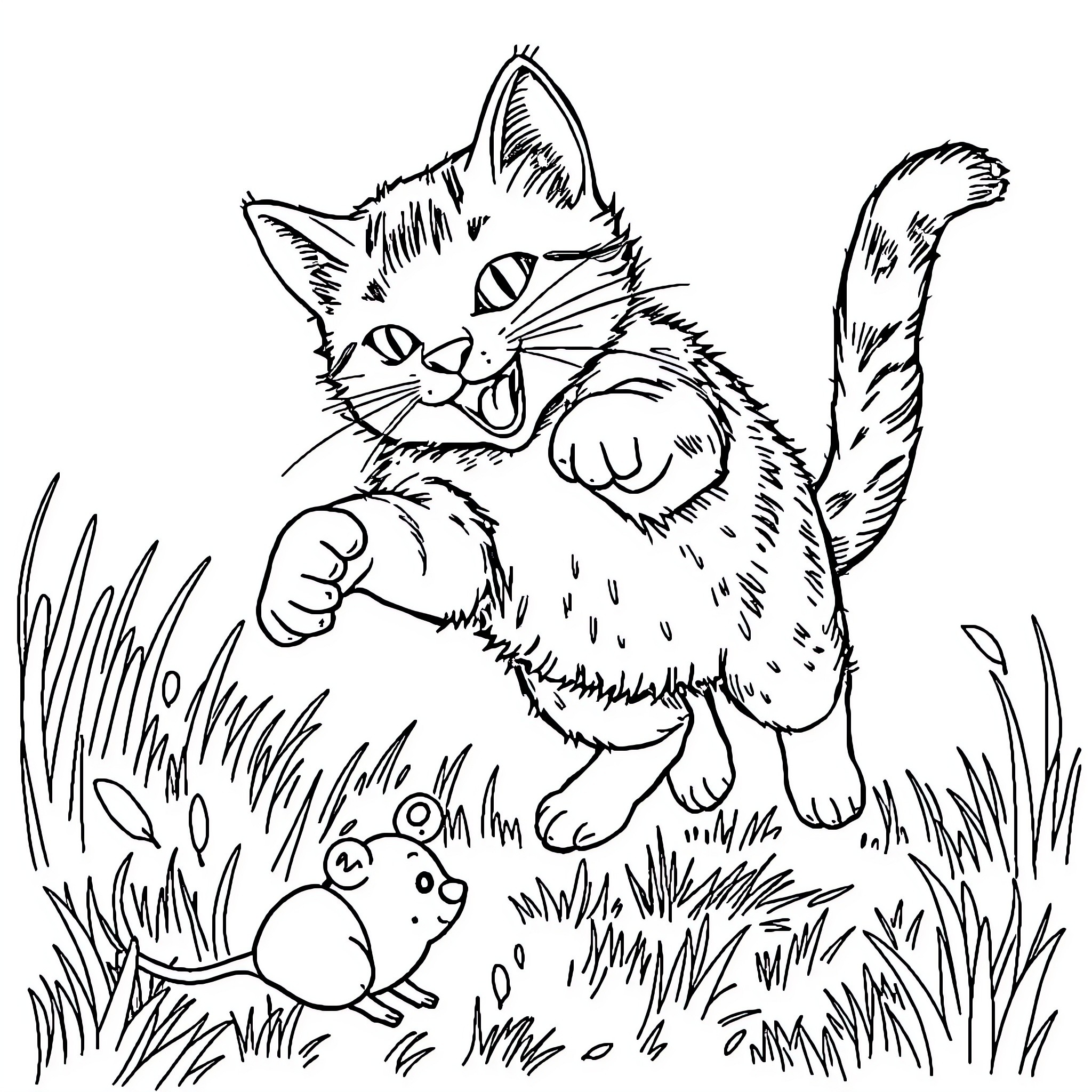 Cat playing with mouse in the grass Coloring Page (free black-and-white line drawing printable PDF for all, from beginners to advanced learners, including children, teens, adults, and seniors)