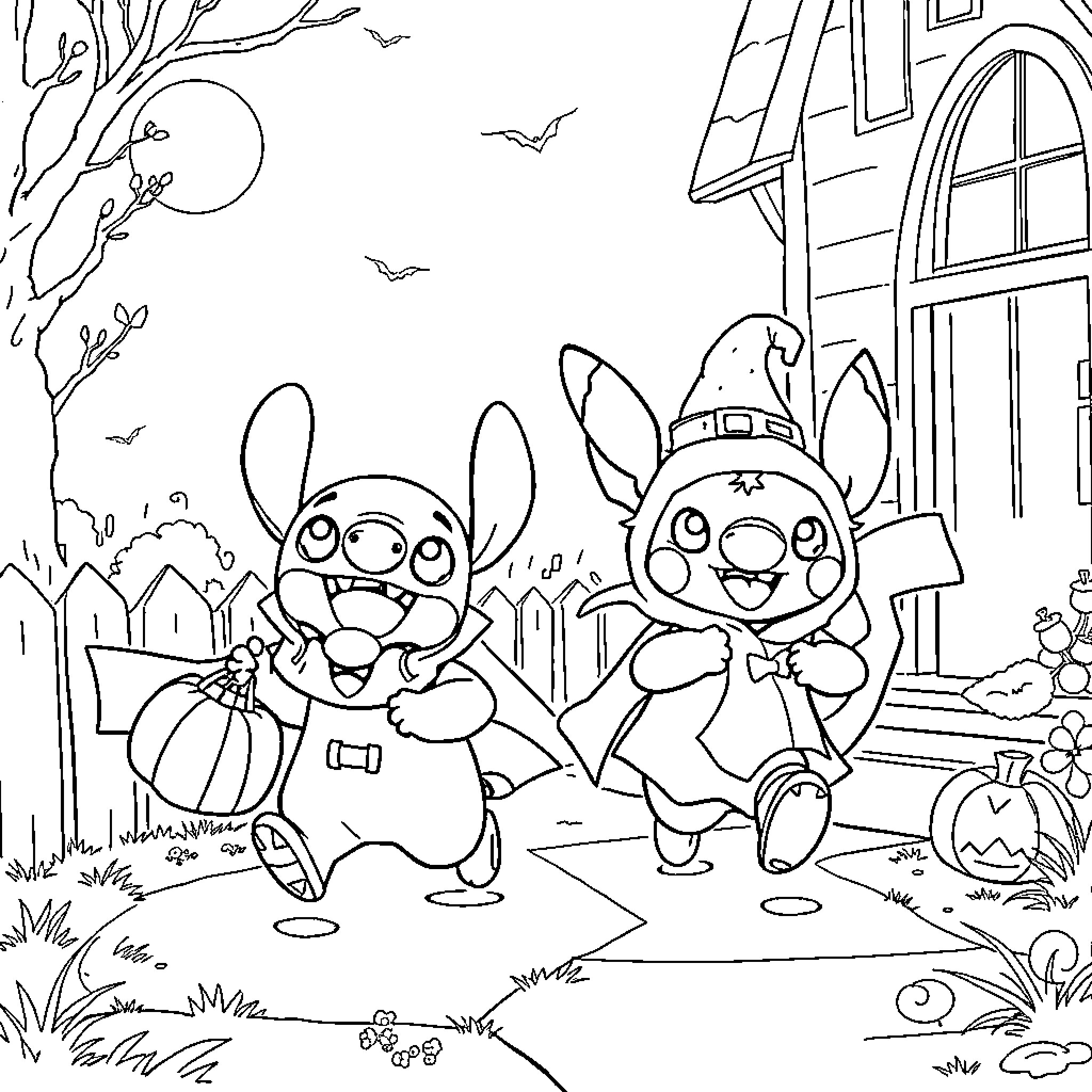 Pikachu Celebrates Halloween with Friends Coloring Page (free black-and-white line drawing printable PDF for all, from beginners to advanced learners, including children, teens, adults, and seniors)