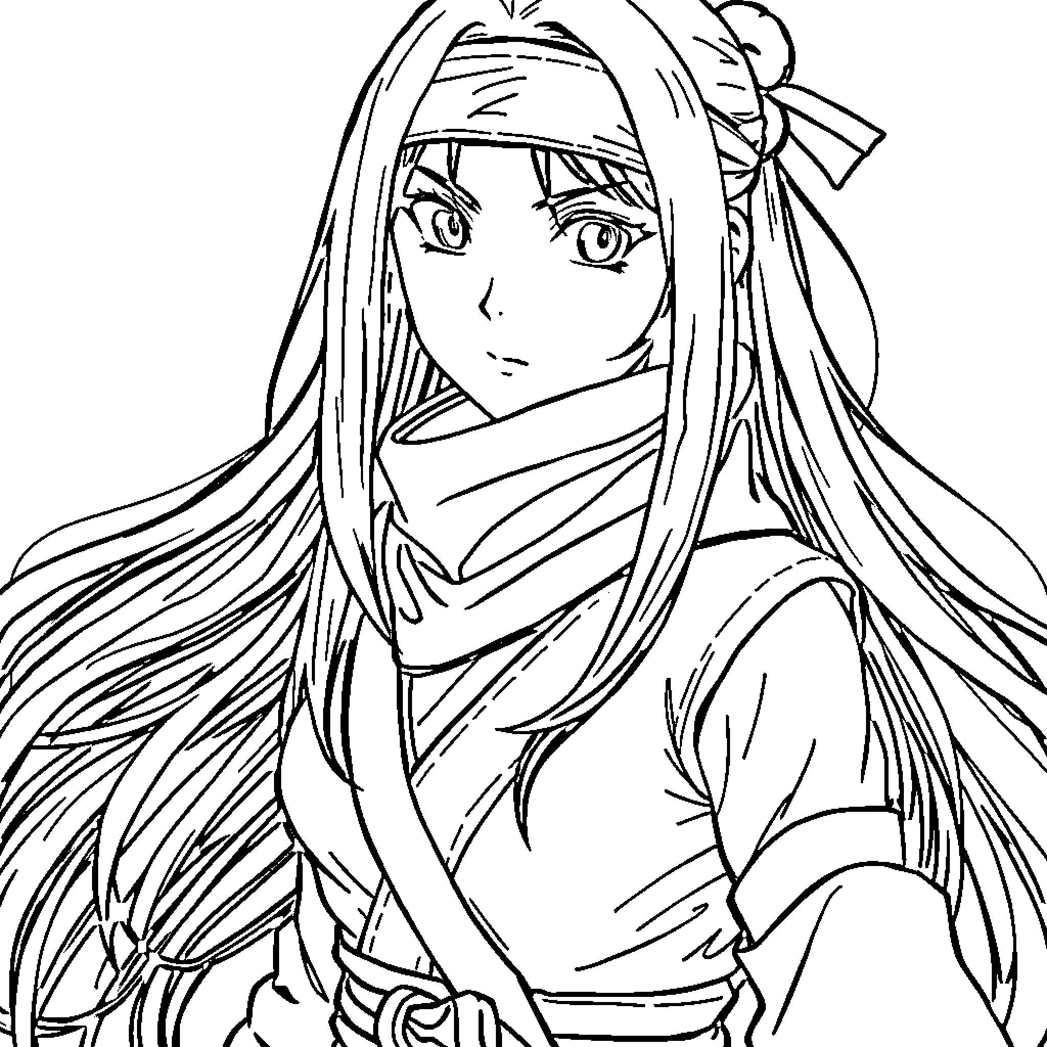 Hinata in Traditional Japanese Attire Coloring Page (free black-and-white line drawing printable PDF for all, from beginners to advanced learners, including children, teens, adults, and seniors)