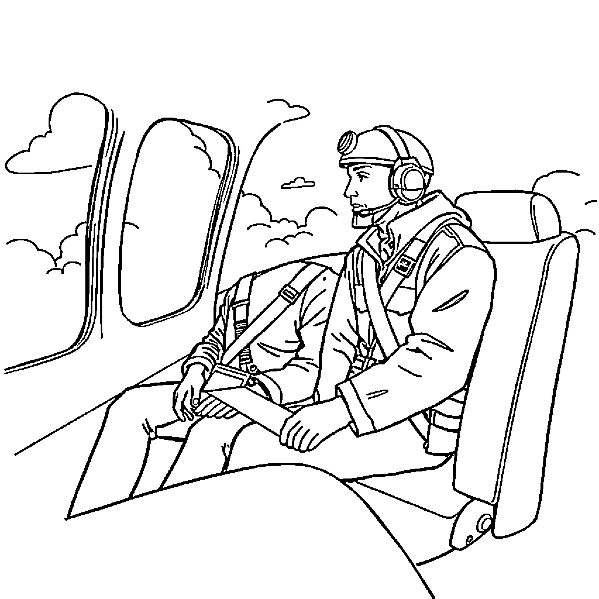 Pilot Cat Soaring High in Jet Coloring Page (free black-and-white line drawing printable PDF for all, from beginners to advanced learners, including children, teens, adults, and seniors)