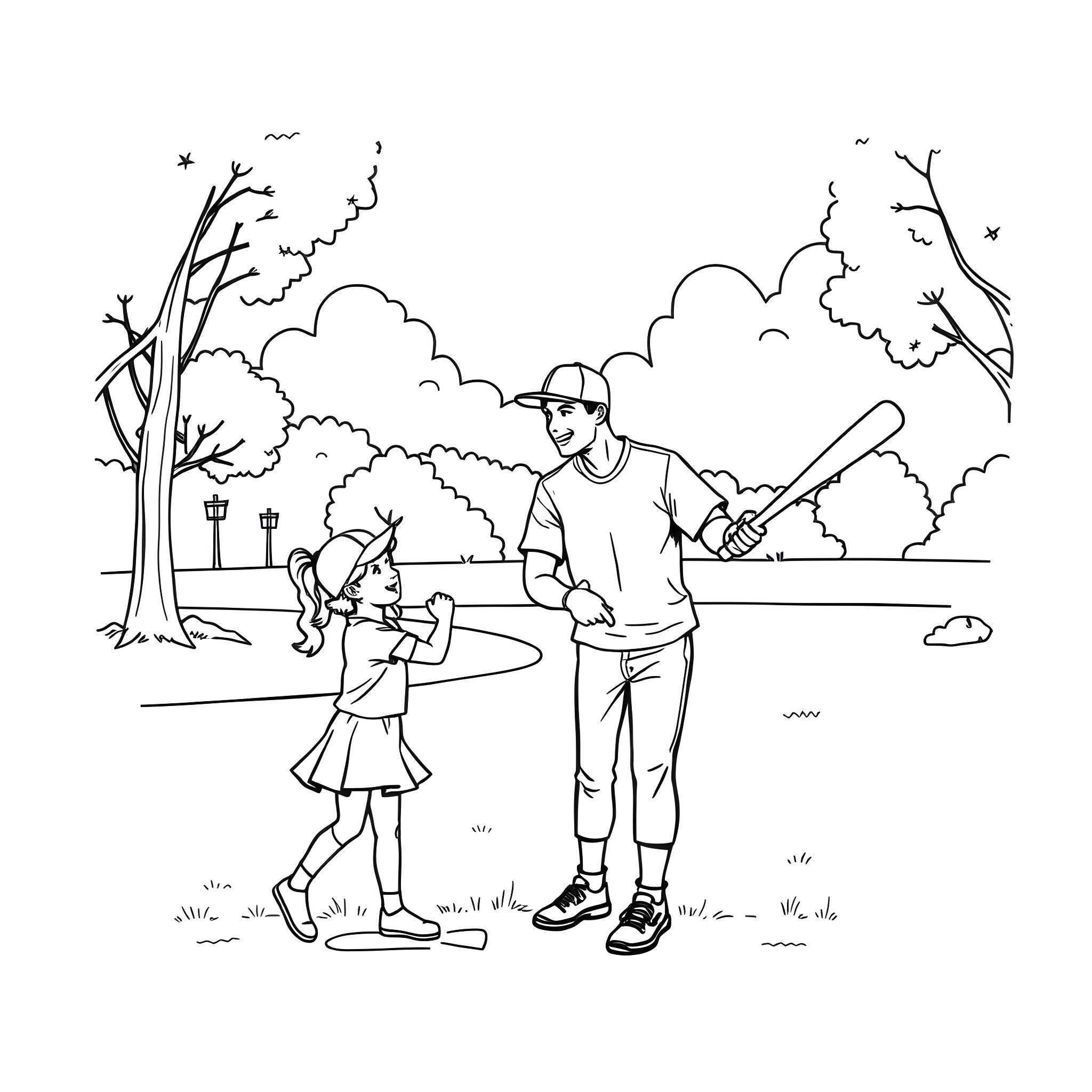 Baseball players practicing in the park Coloring Page (free black-and-white line drawing printable PDF for all, from beginners to advanced learners, including children, teens, adults, and seniors)