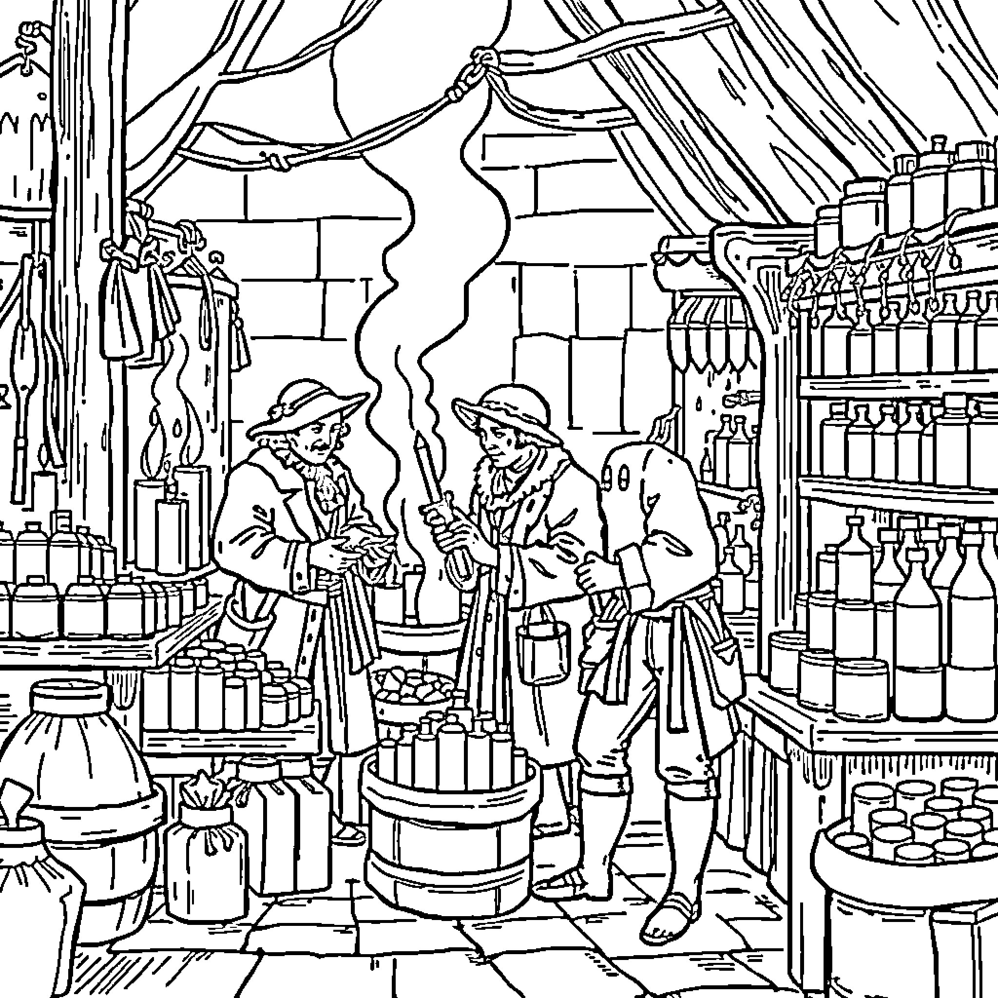Chandler's Market - A Bustling Marketplace Scene Coloring Page (free black-and-white line drawing printable PDF for all, from beginners to advanced learners, including children, teens, adults, and seniors)