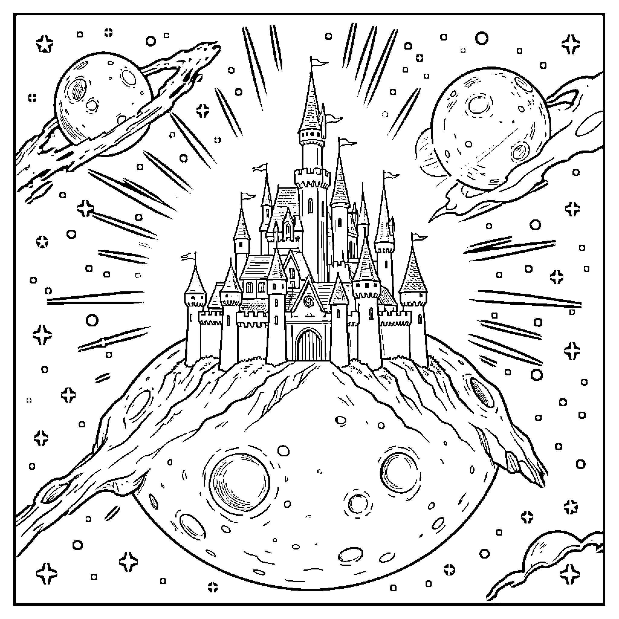 Castle in the Cosmic Landscape Coloring Page (free black-and-white line drawing printable PDF for all, from beginners to advanced learners, including children, teens, adults, and seniors)