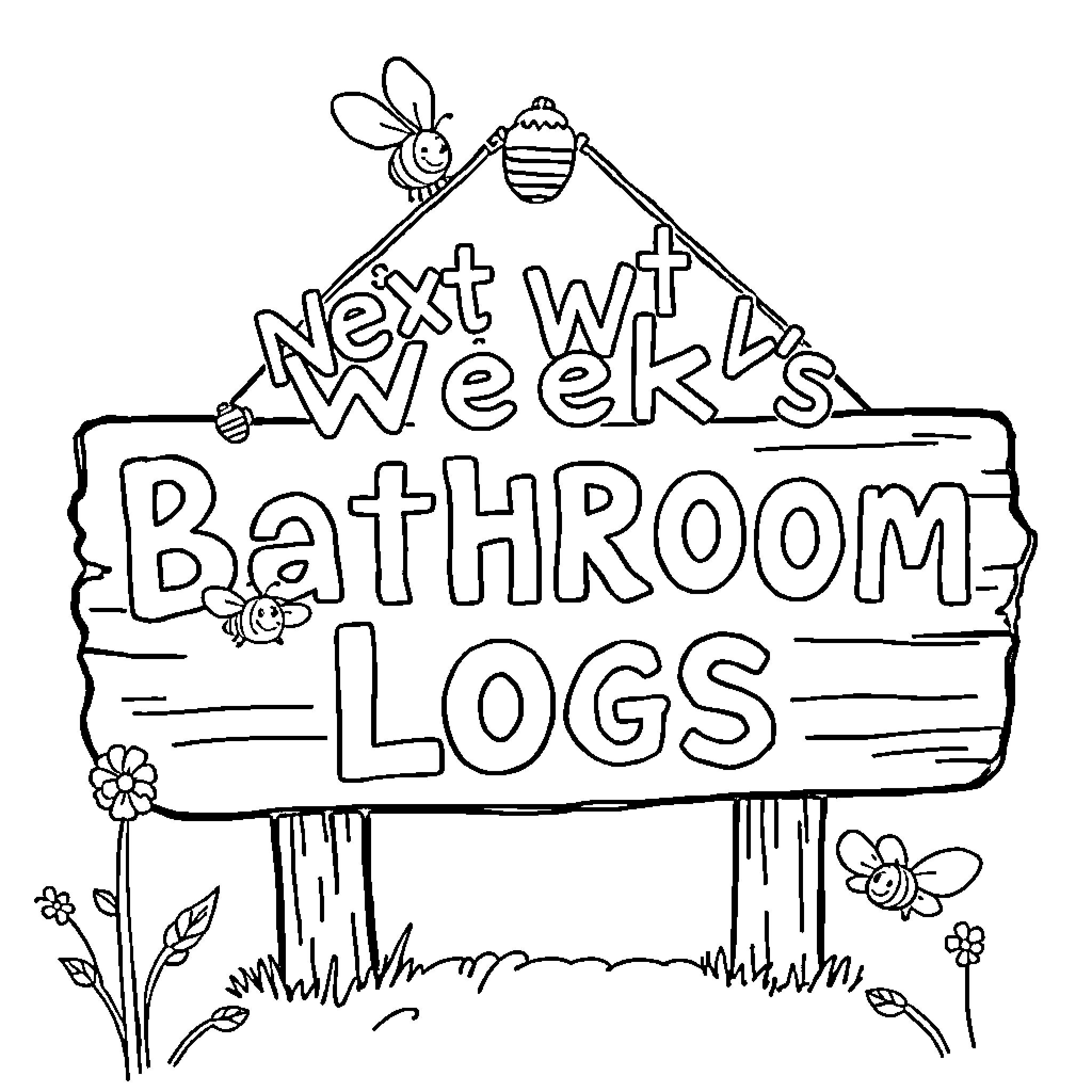 Bee-Themed Bathroom Logs Coloring Page (free black-and-white line drawing printable PDF for all, from beginners to advanced learners, including children, teens, adults, and seniors)