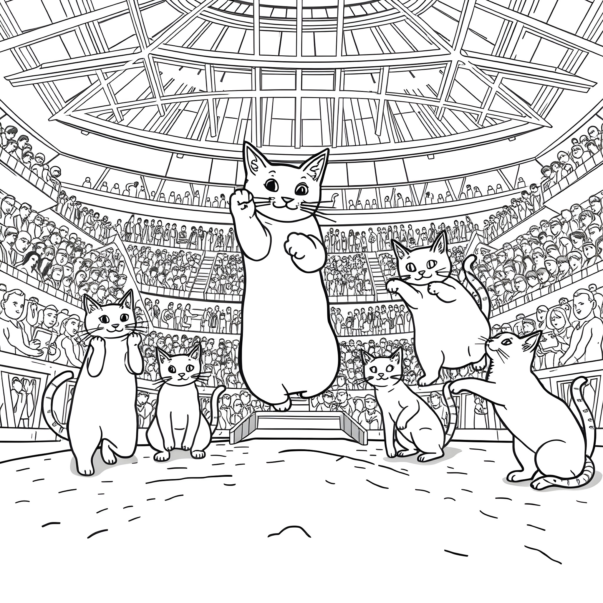 Cats Performing on Stage Coloring Page (free black-and-white line drawing printable PDF for all, from beginners to advanced learners, including children, teens, adults, and seniors)