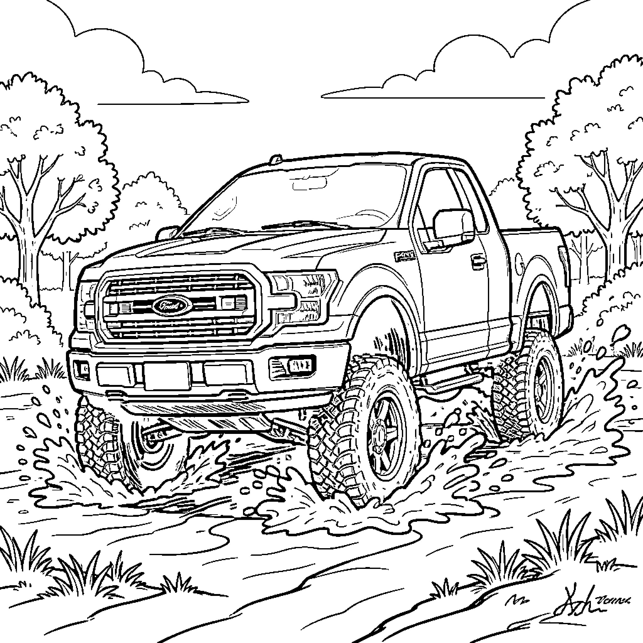 Ford F150 driving through a splashing water puddle Coloring Page (free black-and-white line drawing printable PDF for all, from beginners to advanced learners, including children, teens, adults, and seniors)