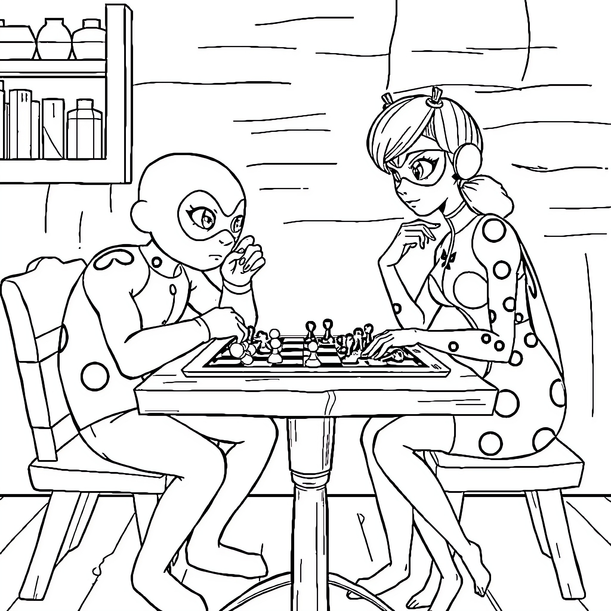 Marcus and friend playing chess in the living room Coloring Page (free black-and-white line drawing printable PDF for all, from beginners to advanced learners, including children, teens, adults, and seniors)