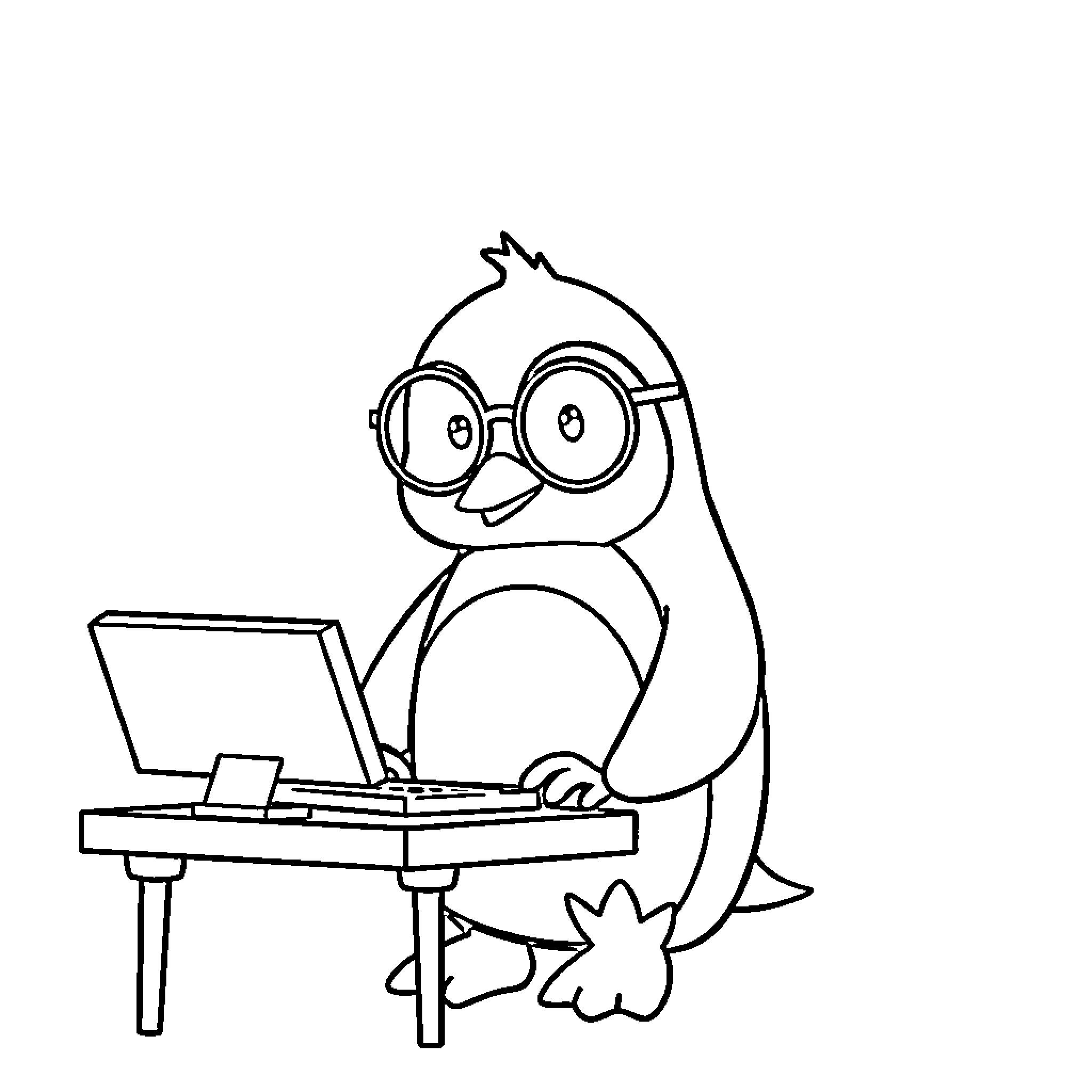 Penguin working diligently on computer Coloring Page (free black-and-white line drawing printable PDF for all, from beginners to advanced learners, including children, teens, adults, and seniors)